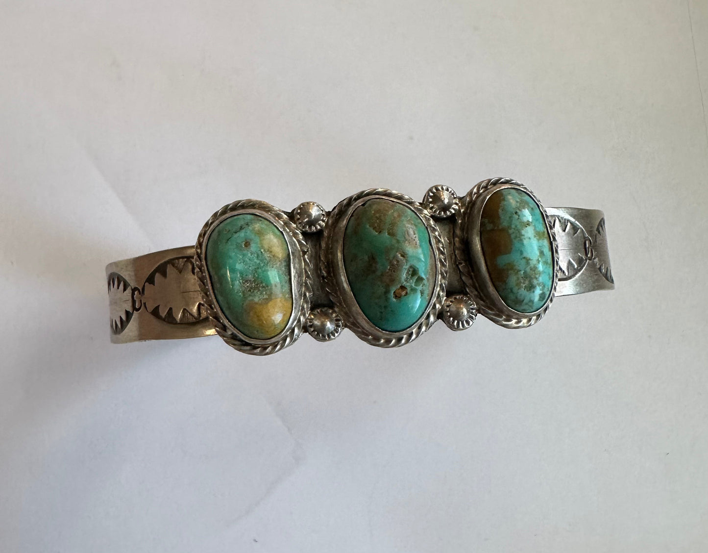 Handcrafted Turquoise & Sterling Silver 3 Stone Adjustable Cuff Bracelet Signed S Cooke