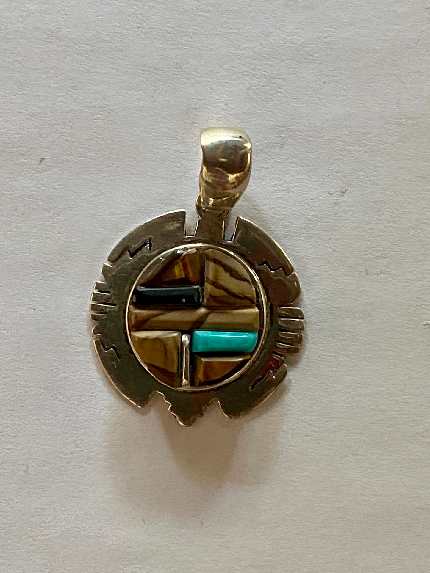 Handcrafted Rolled Inlay Pendant Necklace with Turquoise, Onyx, Coral, Petrified Wood