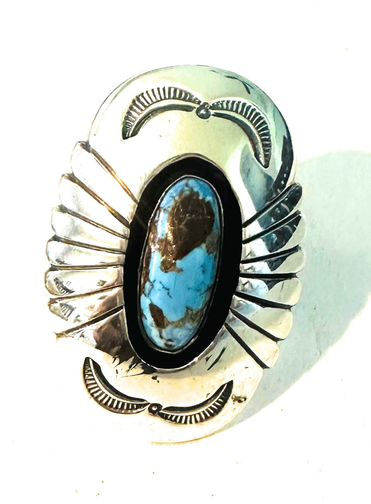 Handcrafted Golden Hills Turquoise & Sterling Silver Shadowbox Ring Size 7.5