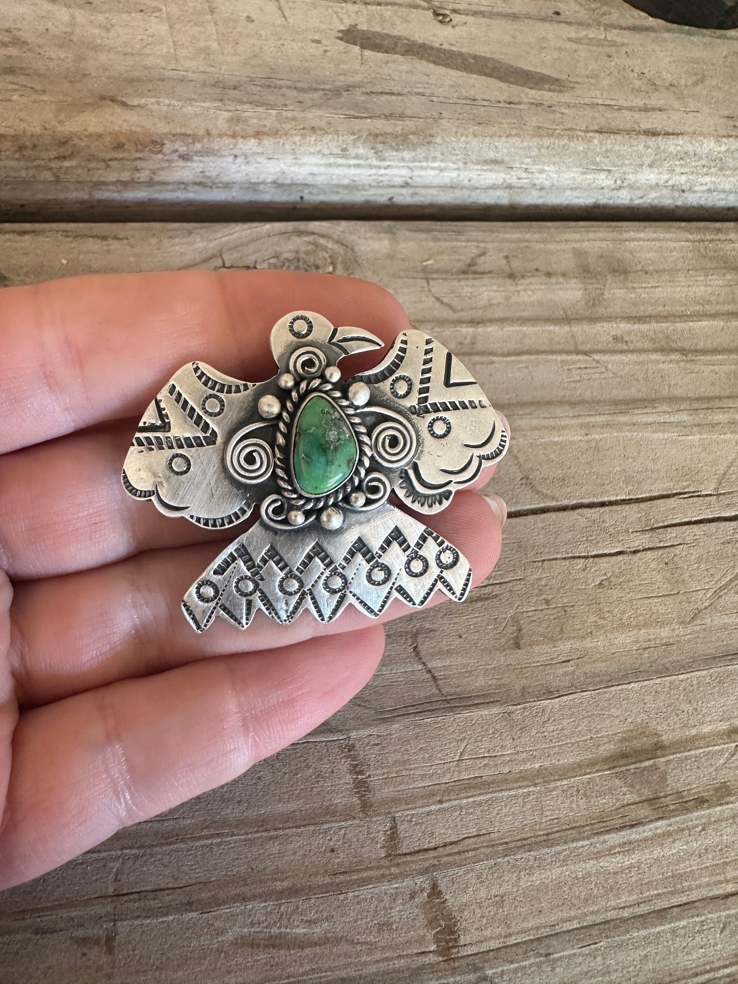 Handmade Sterling Silver & Sonoran Mountain Turquoise Thunderbird Pendant Signed Nizhoni MORE GREEN