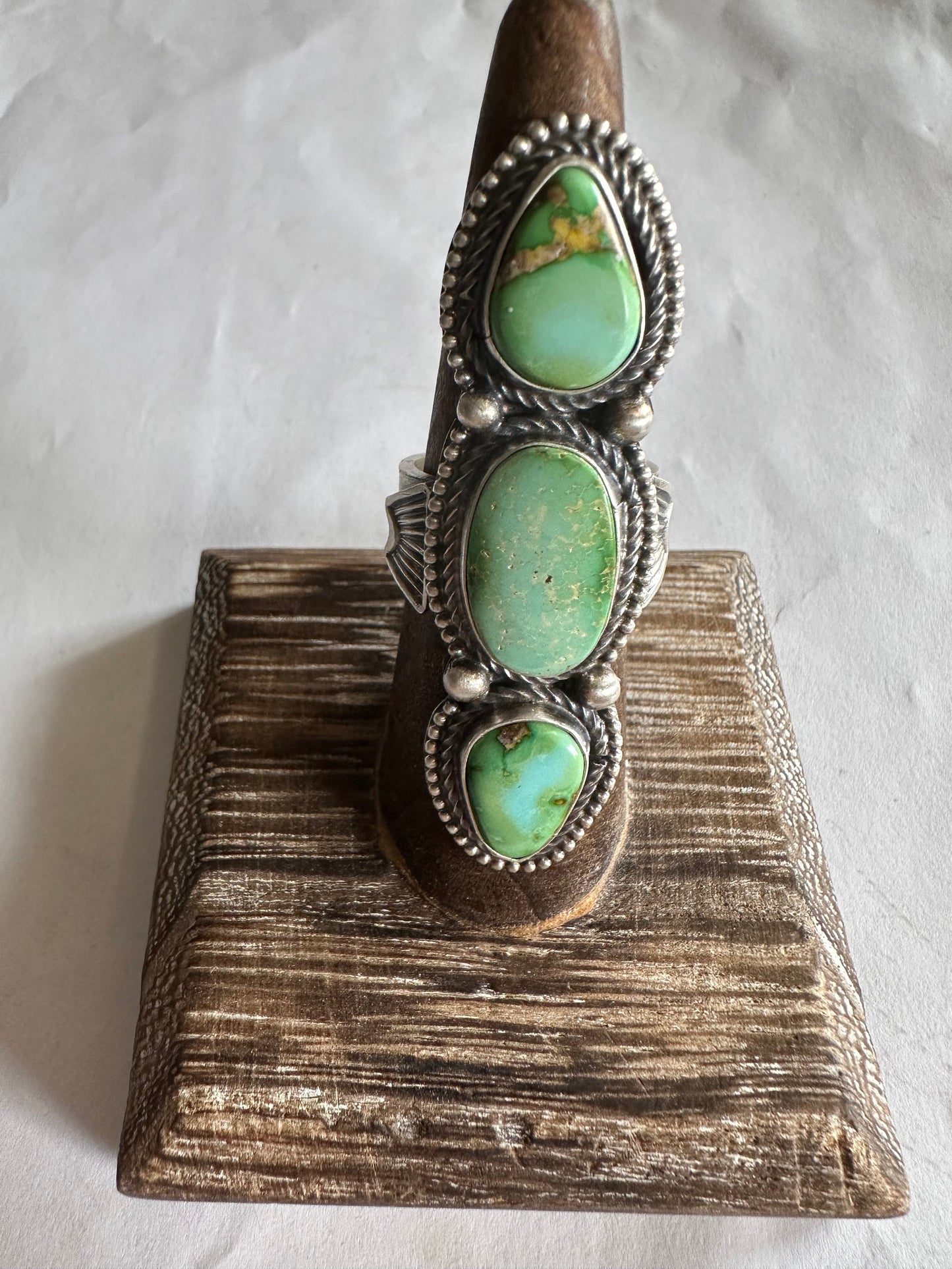 Handcrafted Sonoran Gold Turquoise & Sterling Silver 3 Stone Ring Size 7 Signed