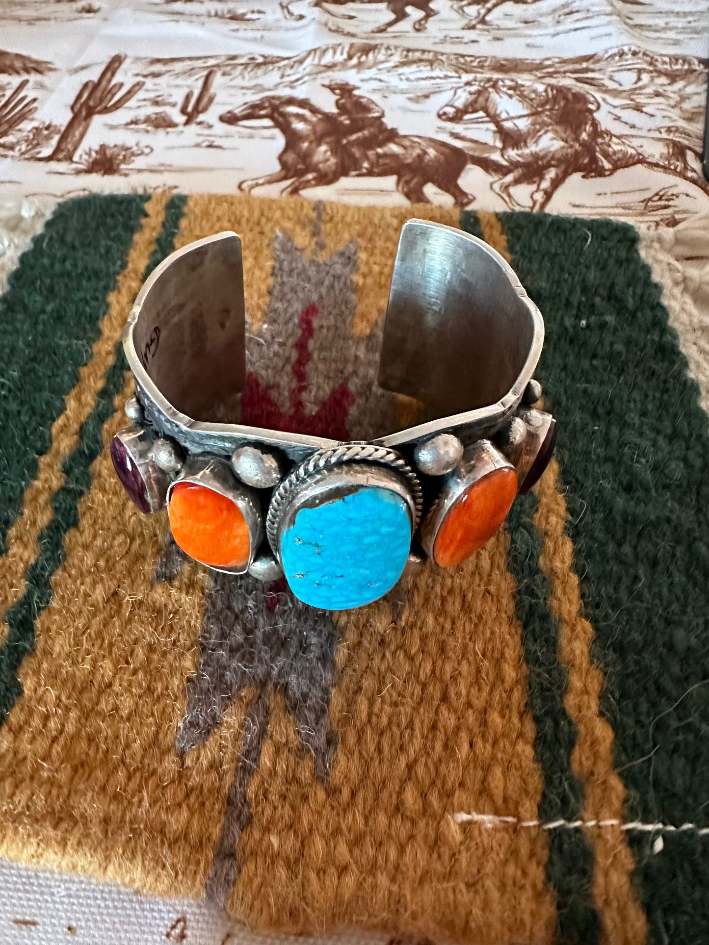 Handcrafted Turquoise, Spiny And Sterling Cuff Bracelet By Guy Hoskie