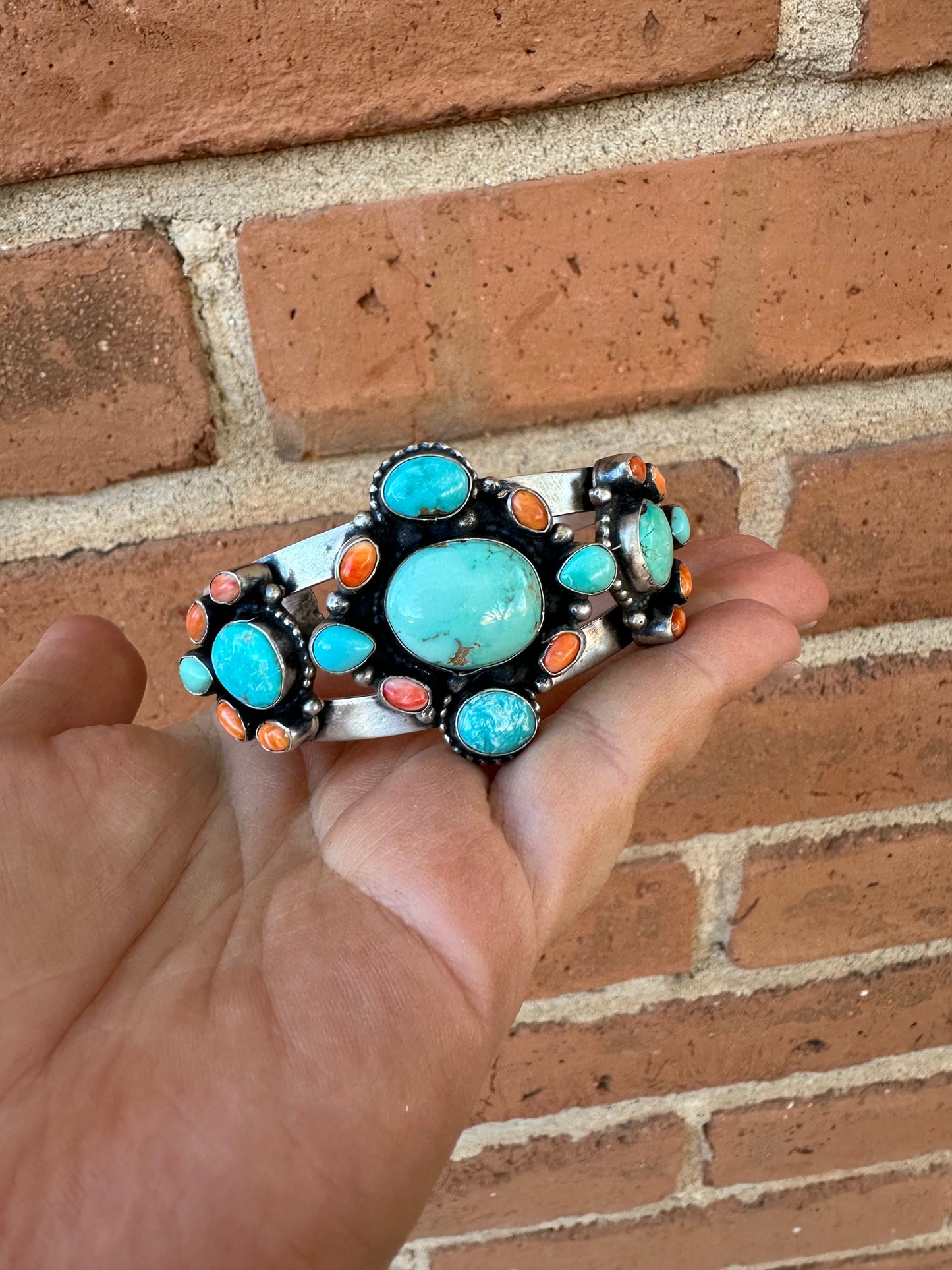 Handcrafted Turquoise & Spiny Sterling Silver Bracelet Cuff Signed Sheila /