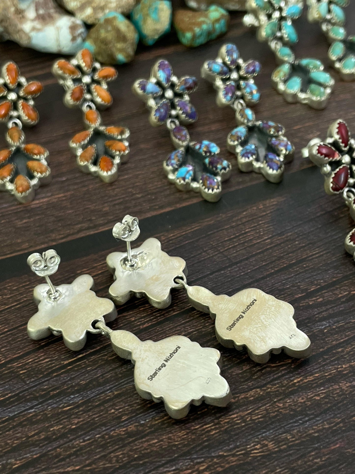 Handmade Sterling Silver Red Rose Dahlia, Kingman, Purple Mojave, Golden Blue Dahlia, Orange Mojave Post Earrings, Signed Nizhoni