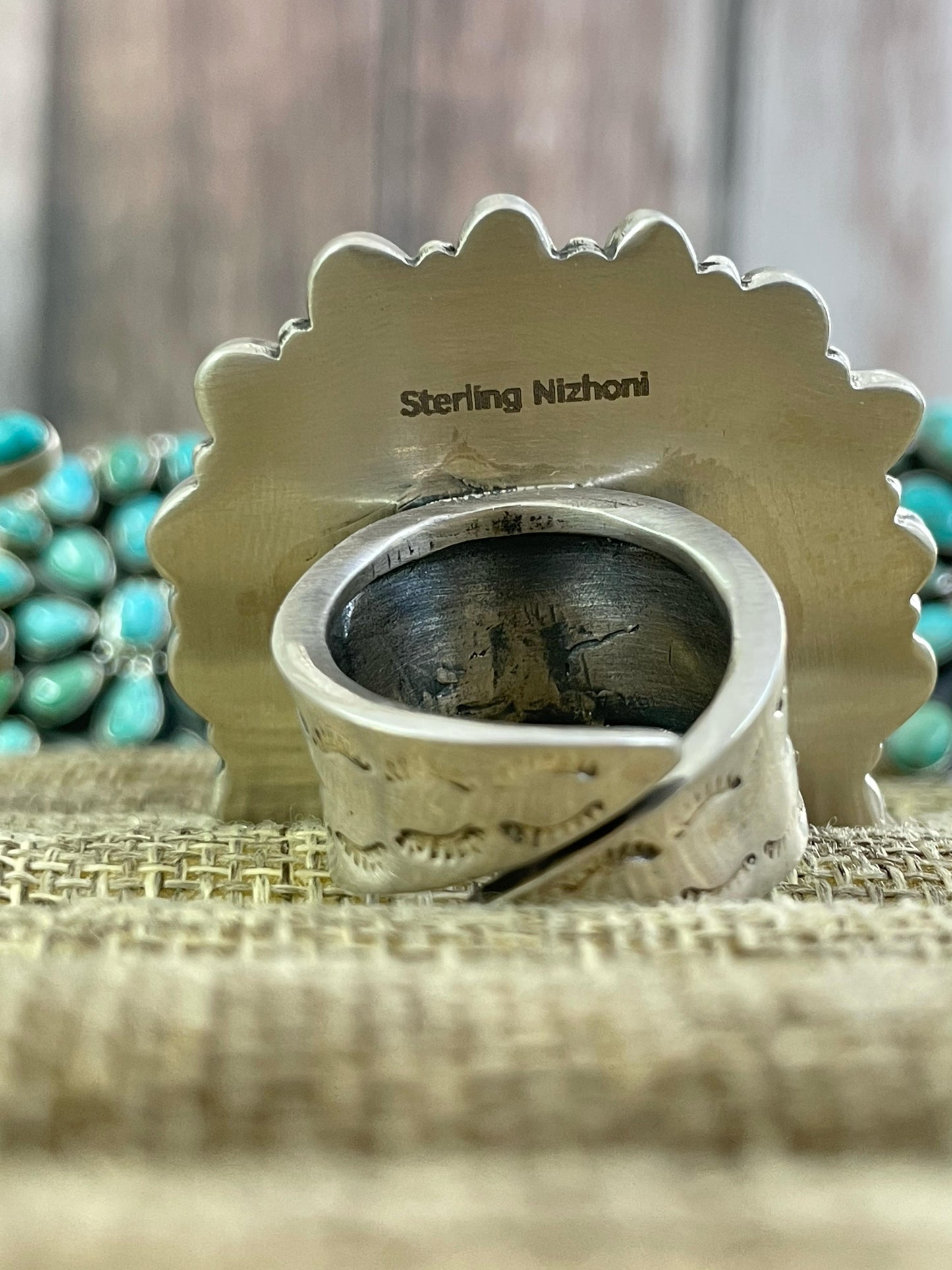 Handmade Sterling Silver Emerald Valley Turquoise Adjustable Ring with Signed Nizhoni