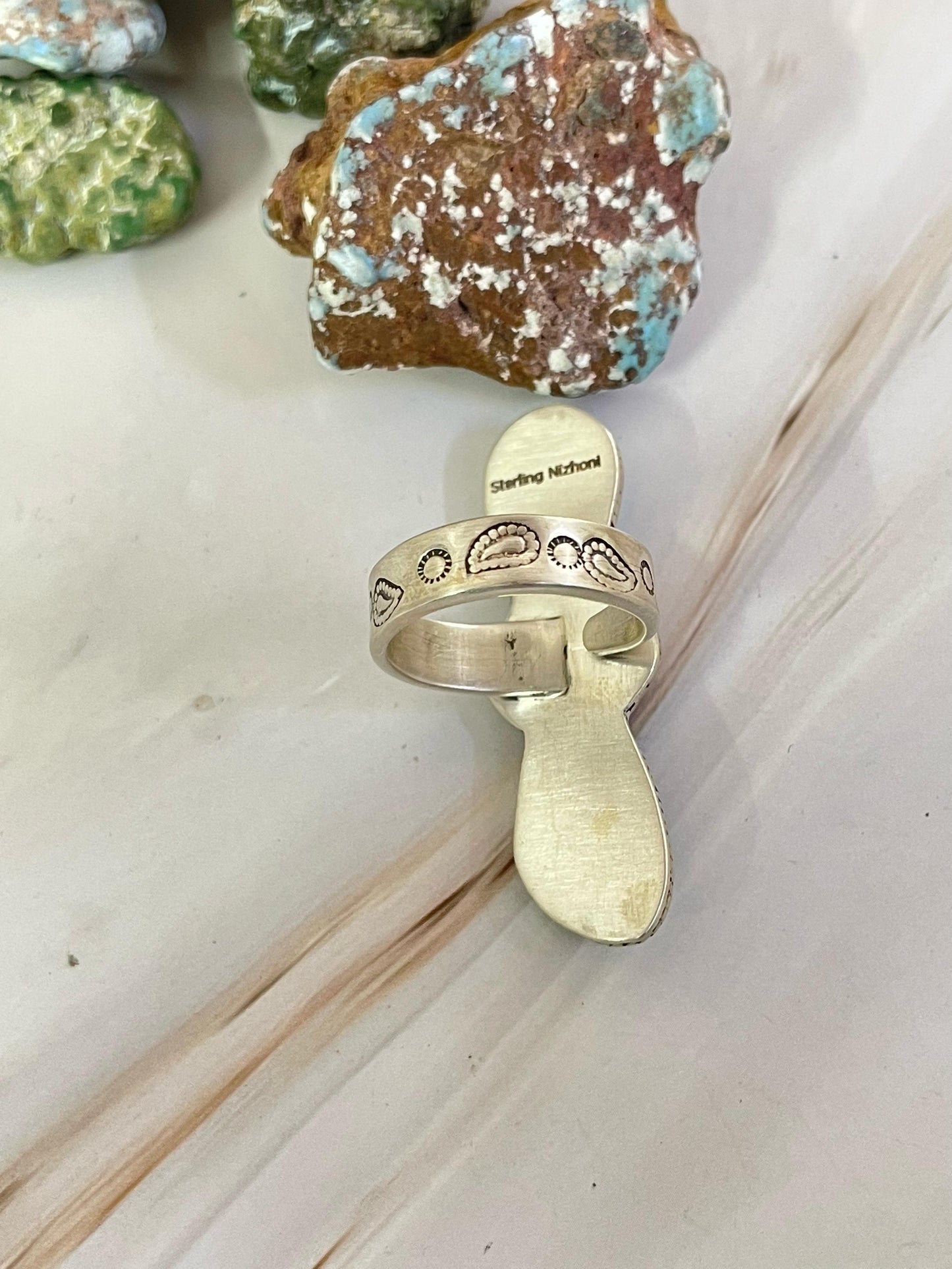Handmade Sterling Silver Emerald Valley Turquoise Adjustable Ring, Signed Nizhoni