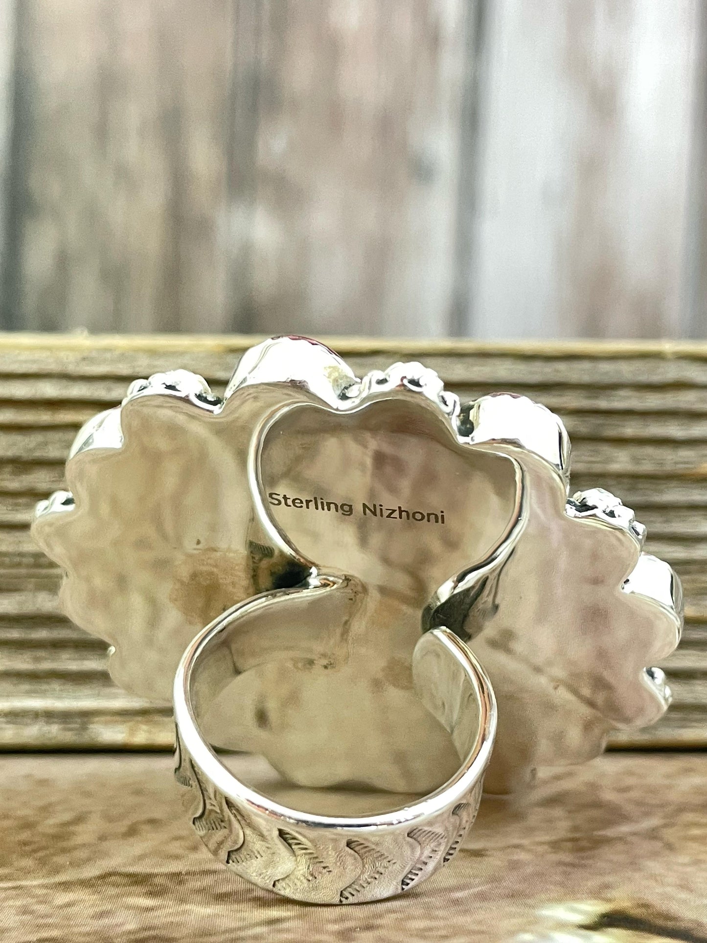 Handmade Sterling Silver Rose Dahlia with Kingman Turquoise Adjustable Ring, Signed Nizhoni