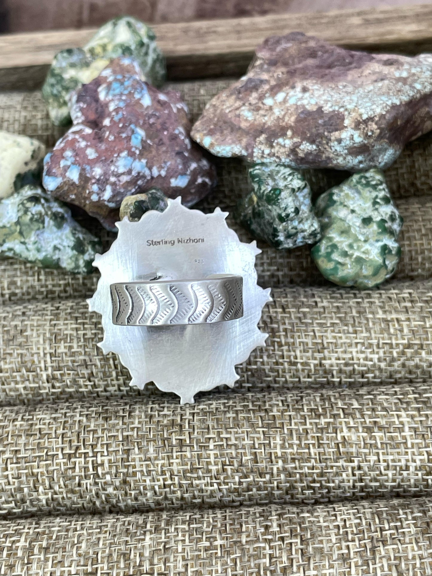 Handmade Sterling Silver White Buffalo Turquoise, Dahlia Rose Adjustable Ring with Signed Nizhoni