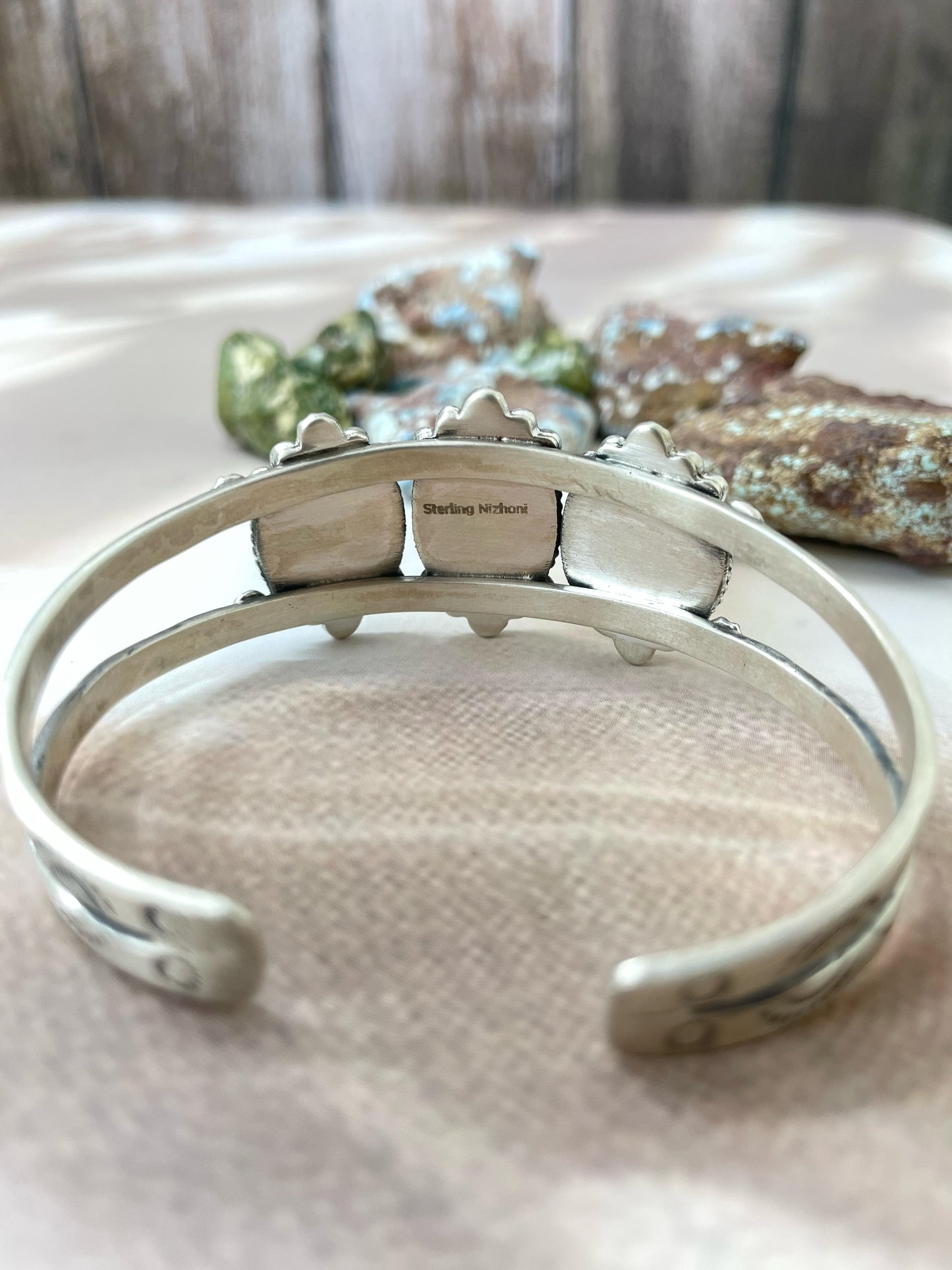 Handmade Sterling Silver South Hill Cuff Bracelet with Signed Nizhoni
