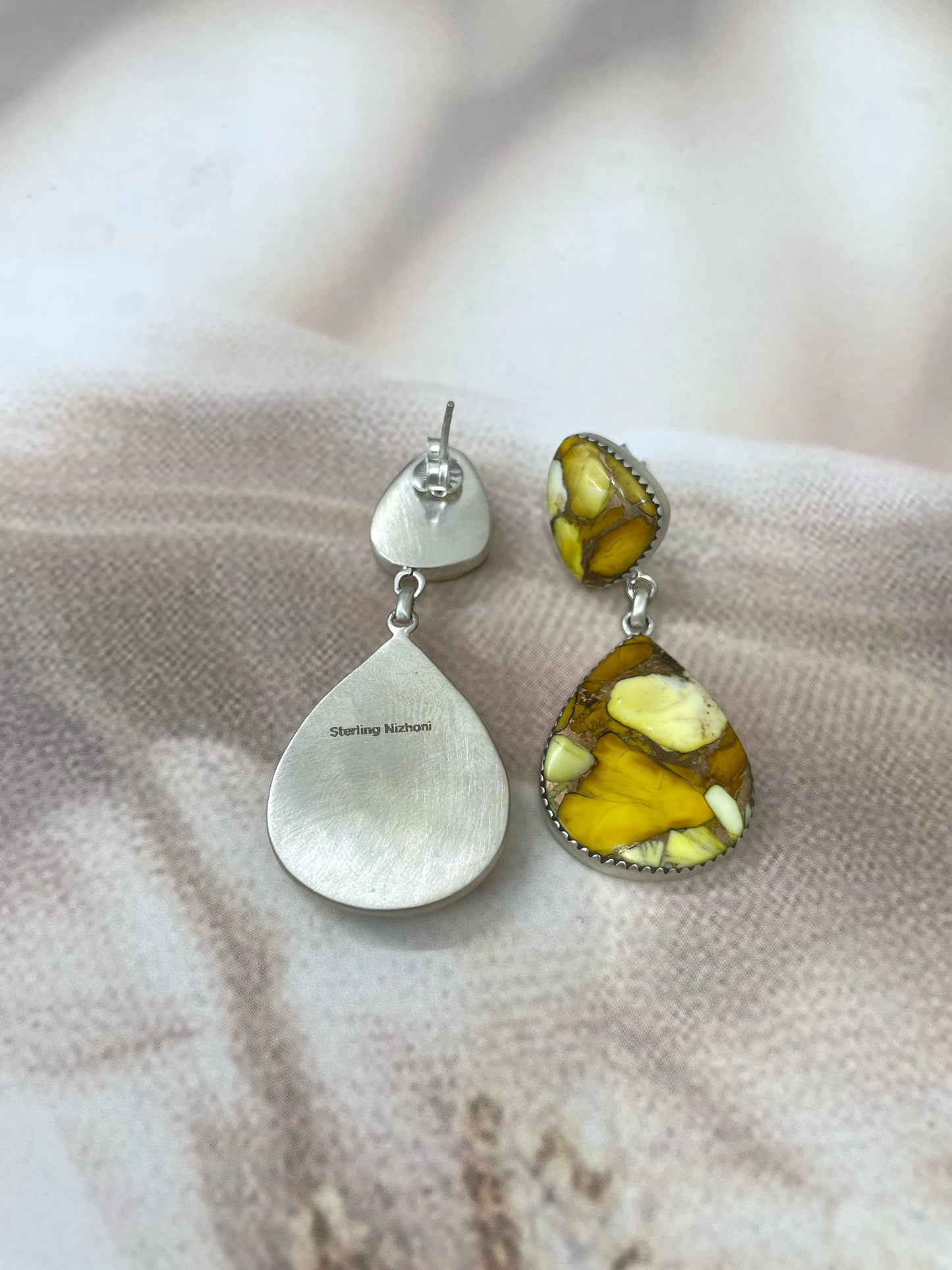 Handmade Sterling Silver Honey Dahlia Dangle Earrings with Signed Nizhoni