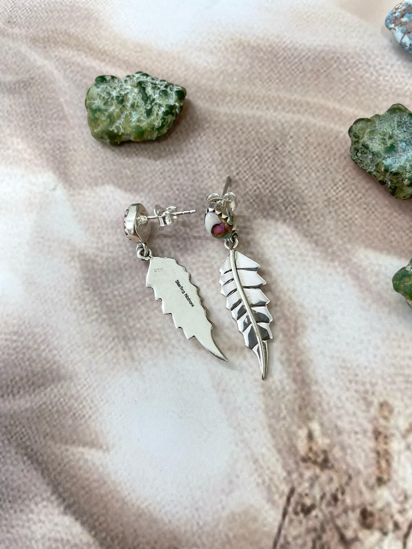 Handmade Sterling Silver Cotton Candy Turquoise Dangles Earrings with Signed Nizhoni