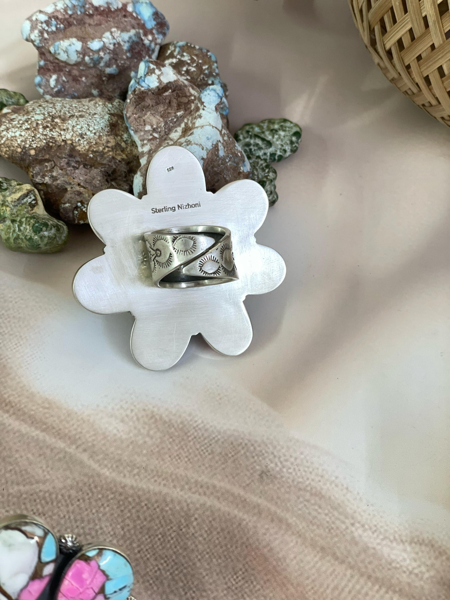 Handmade Sterling Silver Cotton Candy Turquoise Adjustable Ring with Signed Nizhoni