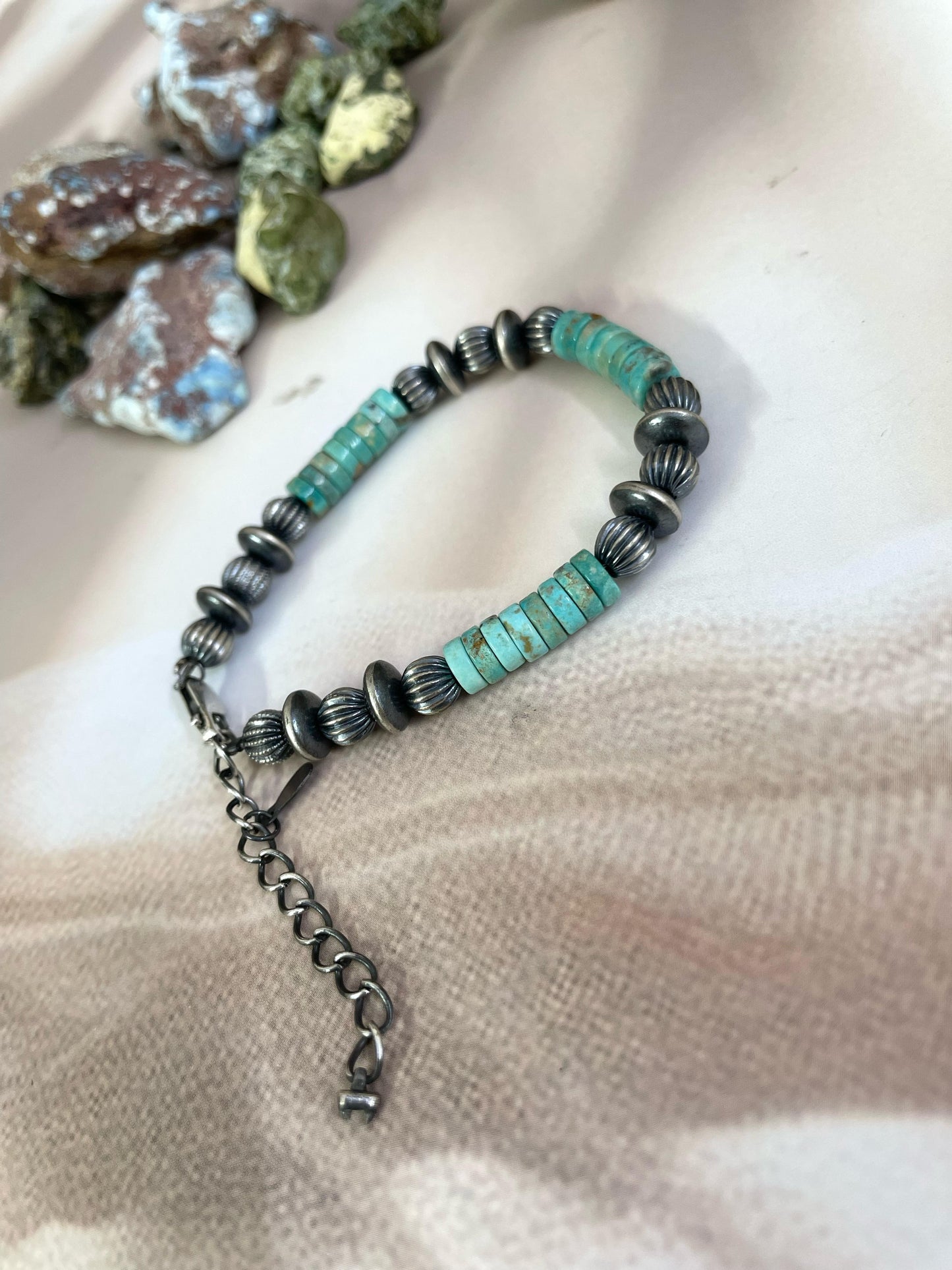 Handmade Sterling Silver Kingman Turquoise Beaded Bracelet with Signed Nizhoni