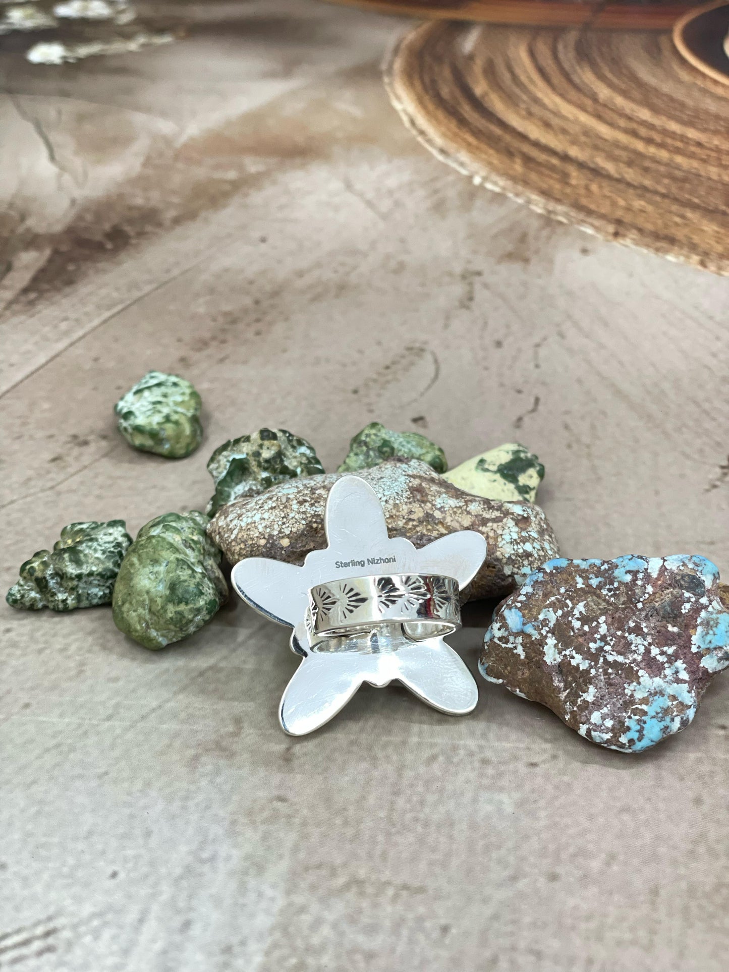 Handmade Sterling Silver Honey Dahlia with Kingman Turquoise Adjustable Flower Ring with Signed Nizhoni