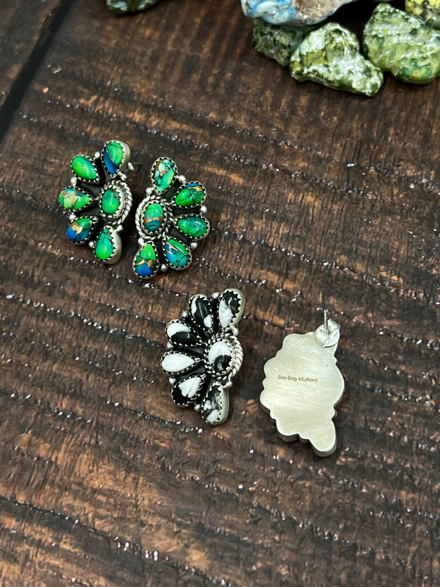 Handmade Sterling Silver Peacock Dahlia or White Buffalo Earrings with Signed Nizhoni