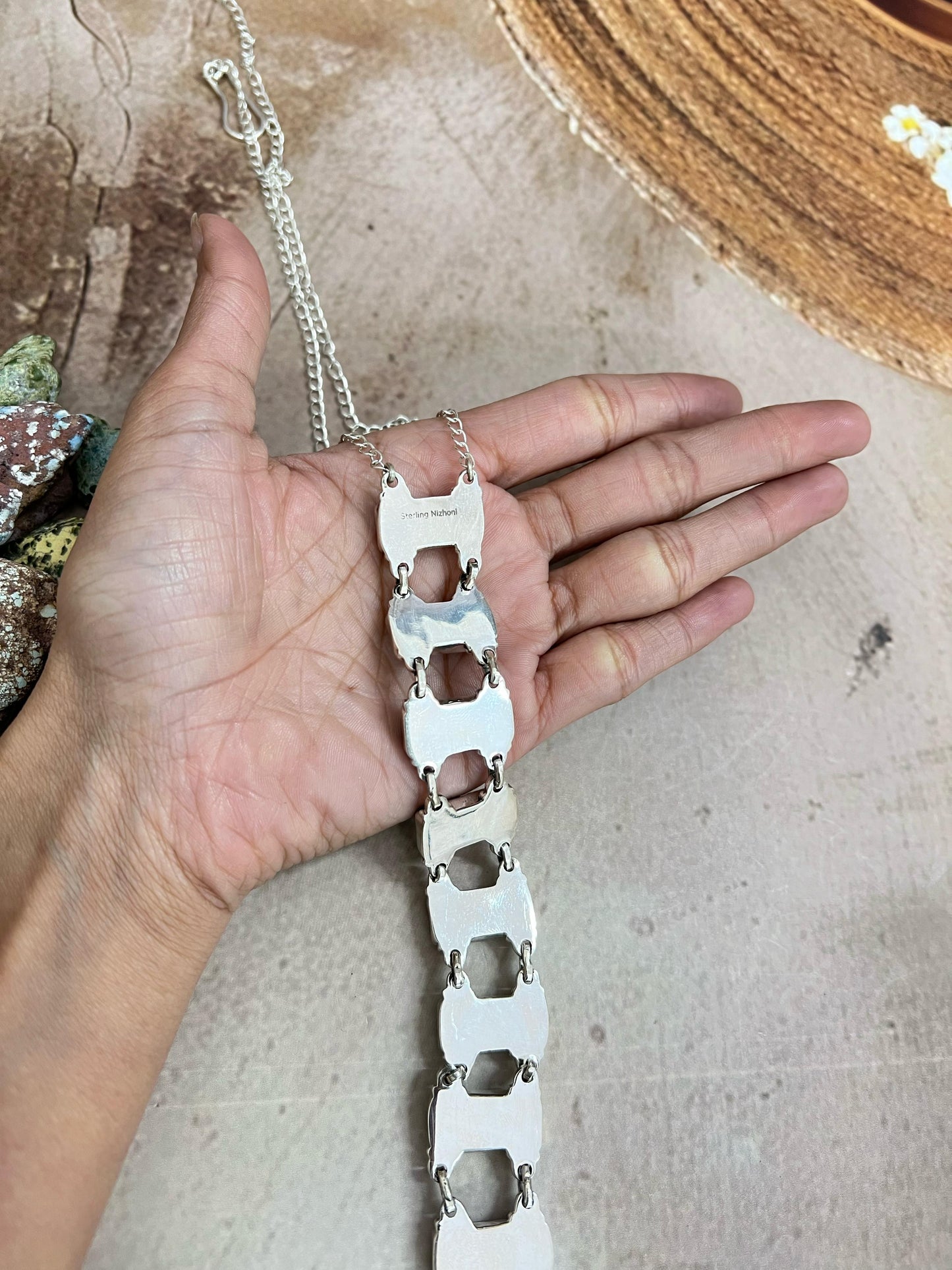 Handmade Sterling Silver Kingman with Chrysocolla White Buffalo Turquoise Necklace with Signed Nizhoni
