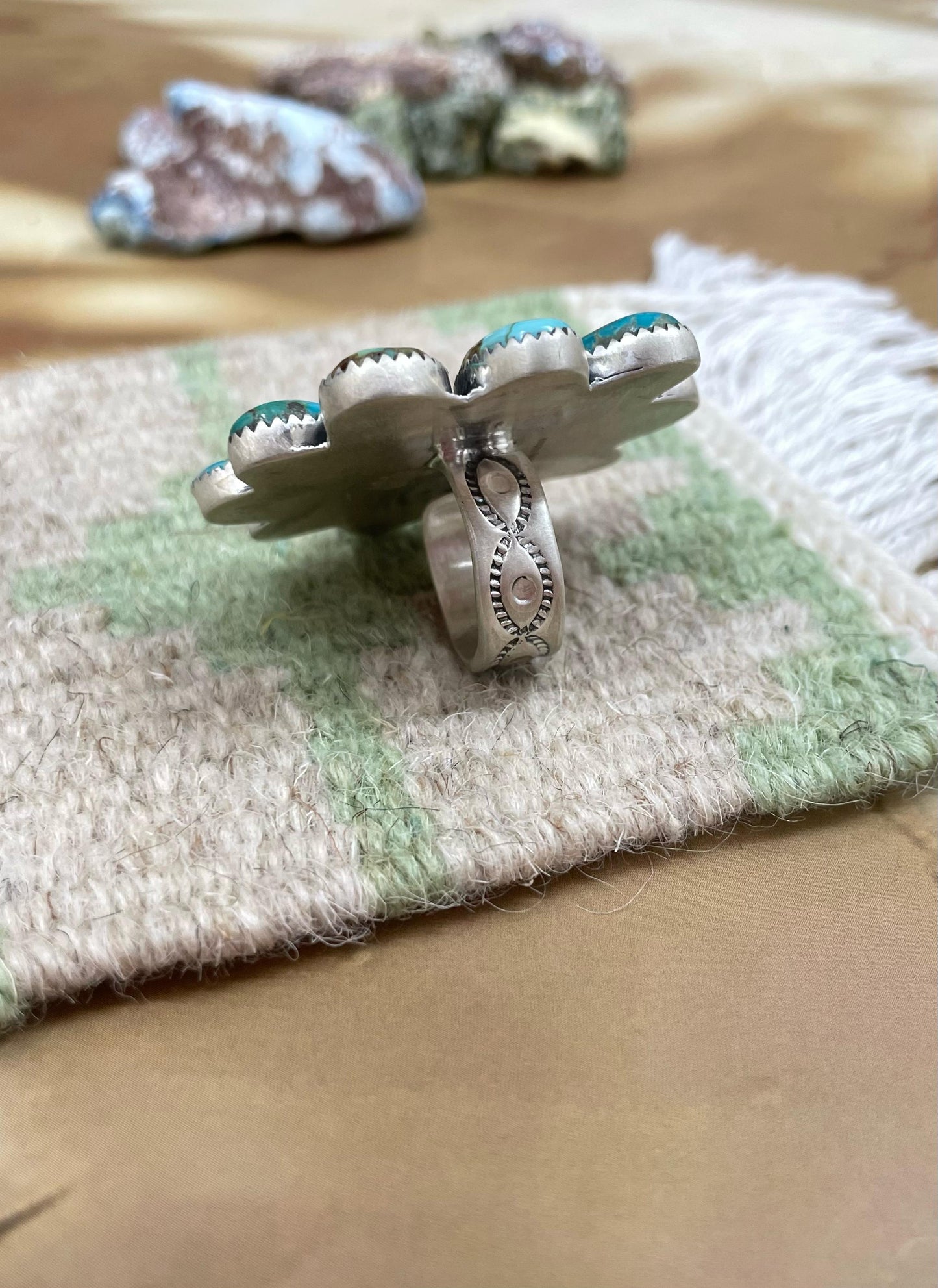 Handmade Sterling Silver South Hill Turquoise Adjustable Ring with Signed Nizhoni