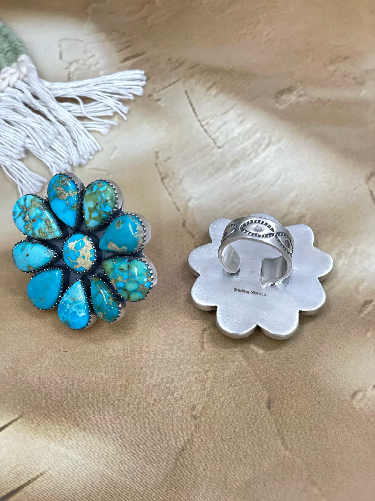 Handmade Sterling Silver South Hill Turquoise Adjustable Ring With Signed Nizhoni