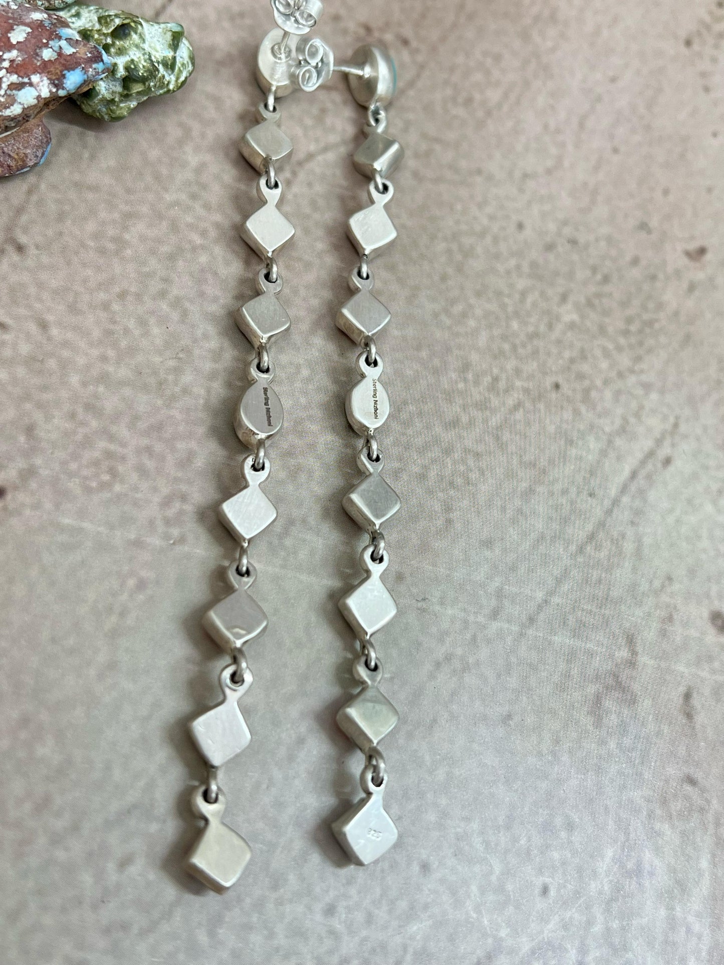 Handmade Sterling Silver Emerald Valley with Dahlia Rose Dangle Earrings with Signed Nizhoni