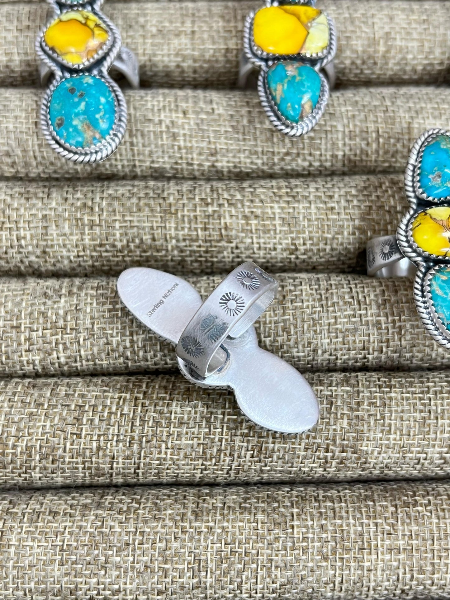 Handmade Sterling Silver Honey Dahlia with South Hill Turquoise Adjustable Ring, Signed Nizhoni