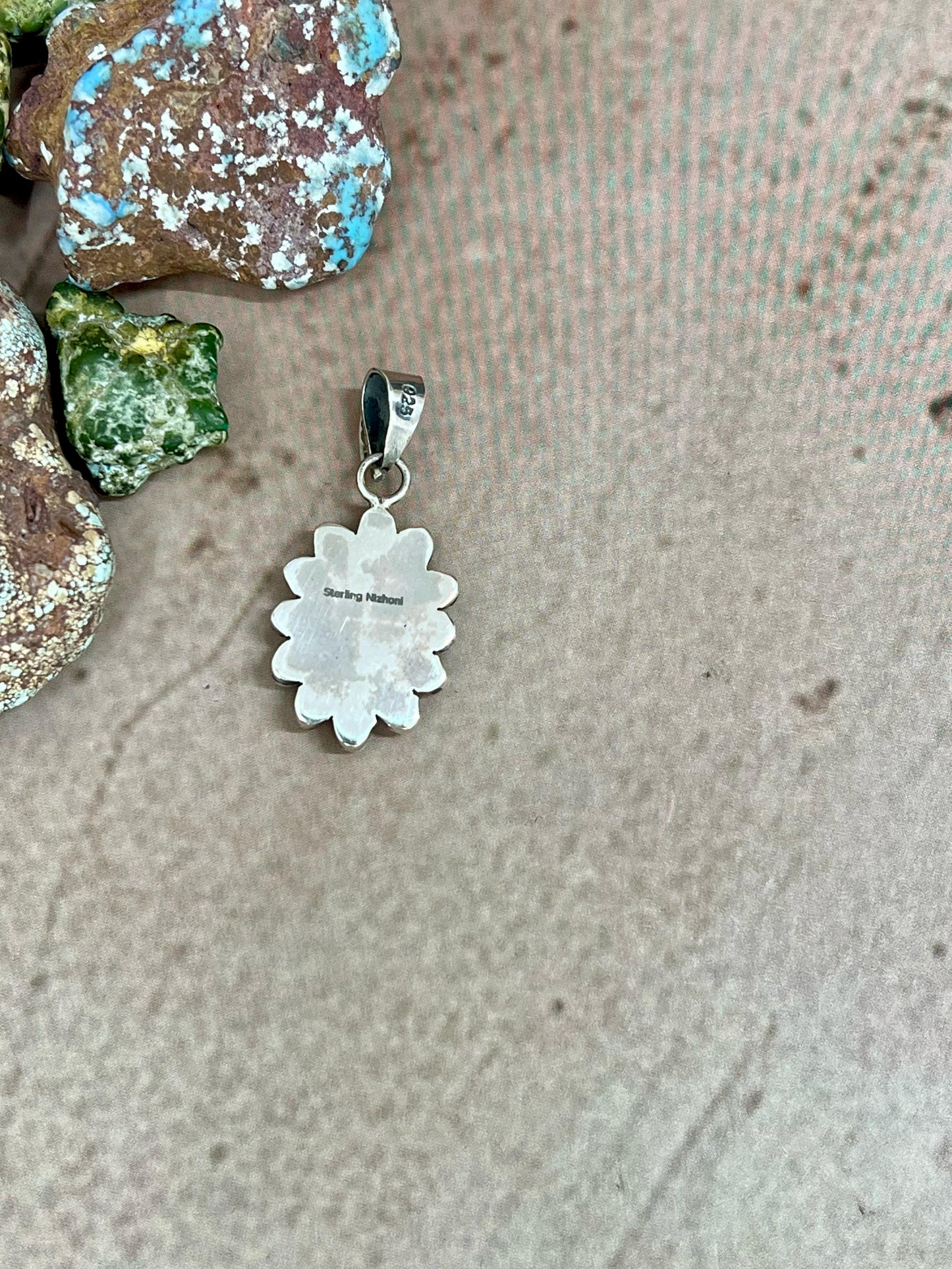 Handmade Sterling Silver White Buffalo Turquoise Pendant with Signed Nizhoni