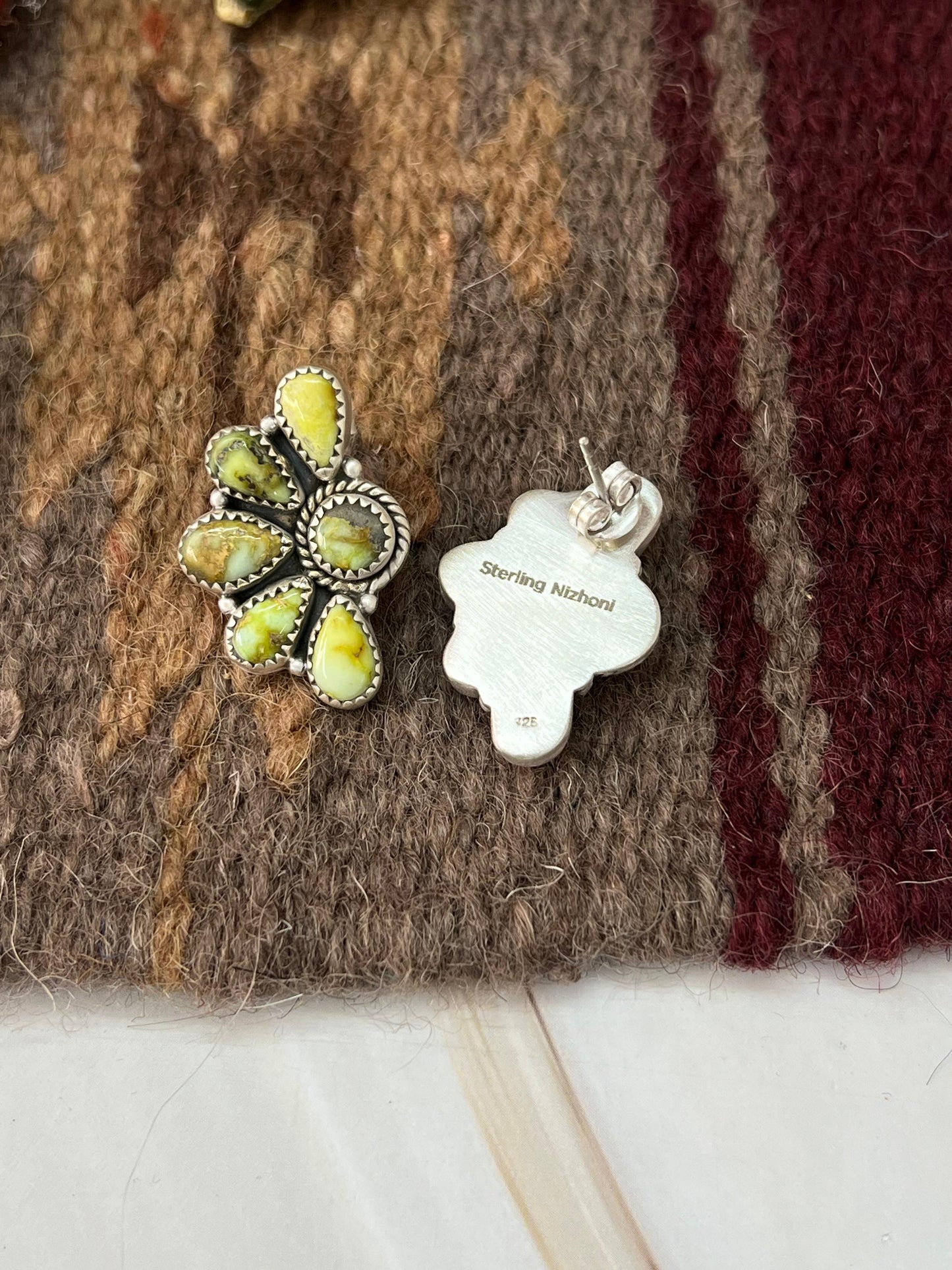 Handmade Sterling Silver Palomino Turquoise Post Studs with Signed Nizhoni