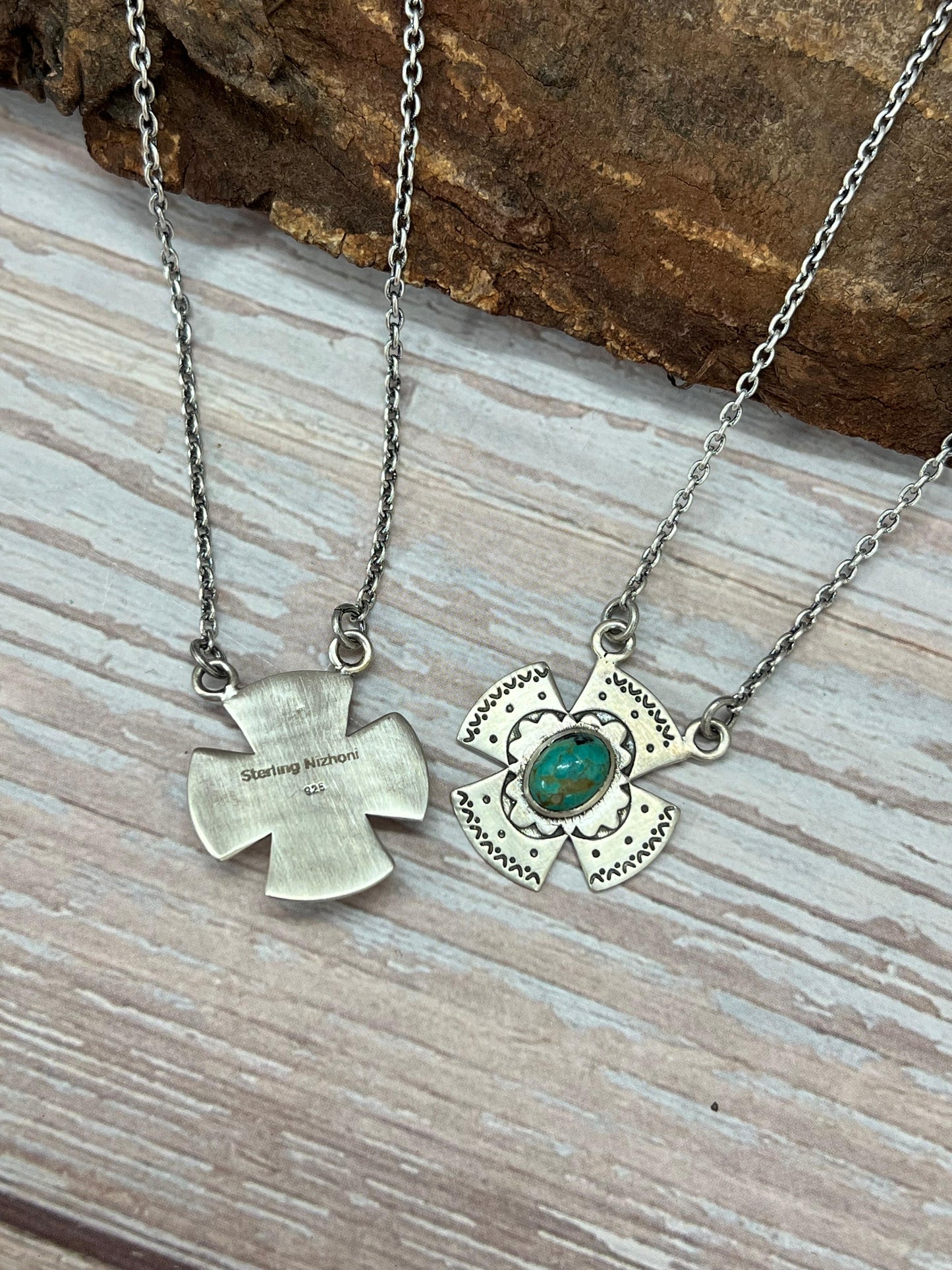 Handmade Sterling Silver Kingman Turquoise, White Buffalo Cross Necklace with Signed Nizhoni