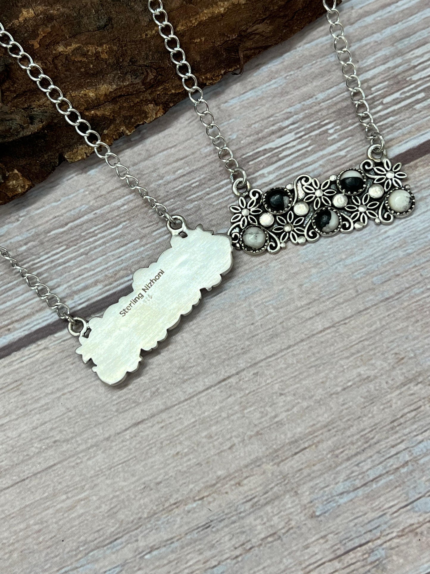 Handmade Sterling Silver Kingman Turquoise, White Buffalo Necklace with Signed Nizhoni