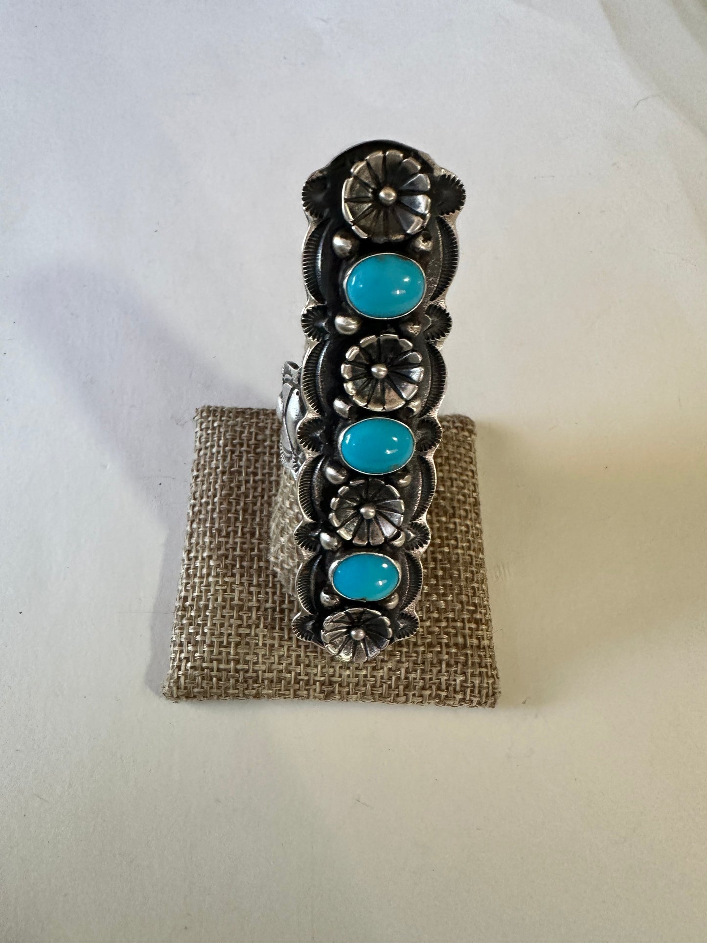Handcrafted Turquoise & Sterling Silver Floral Ring Size 9