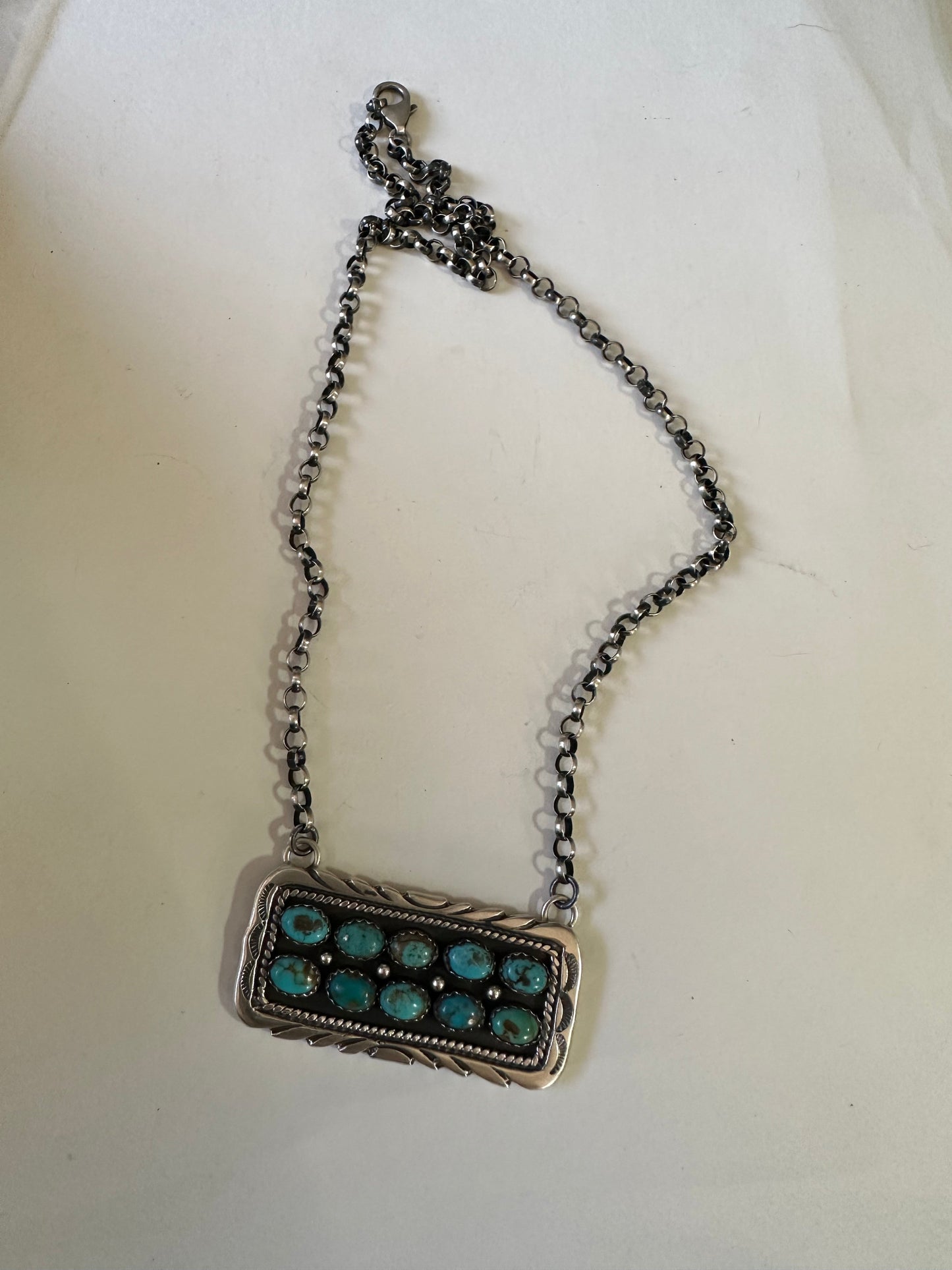Handcrafted Sterling Silver & Double Row Turquoise Bar Necklace Signed E. Richards
