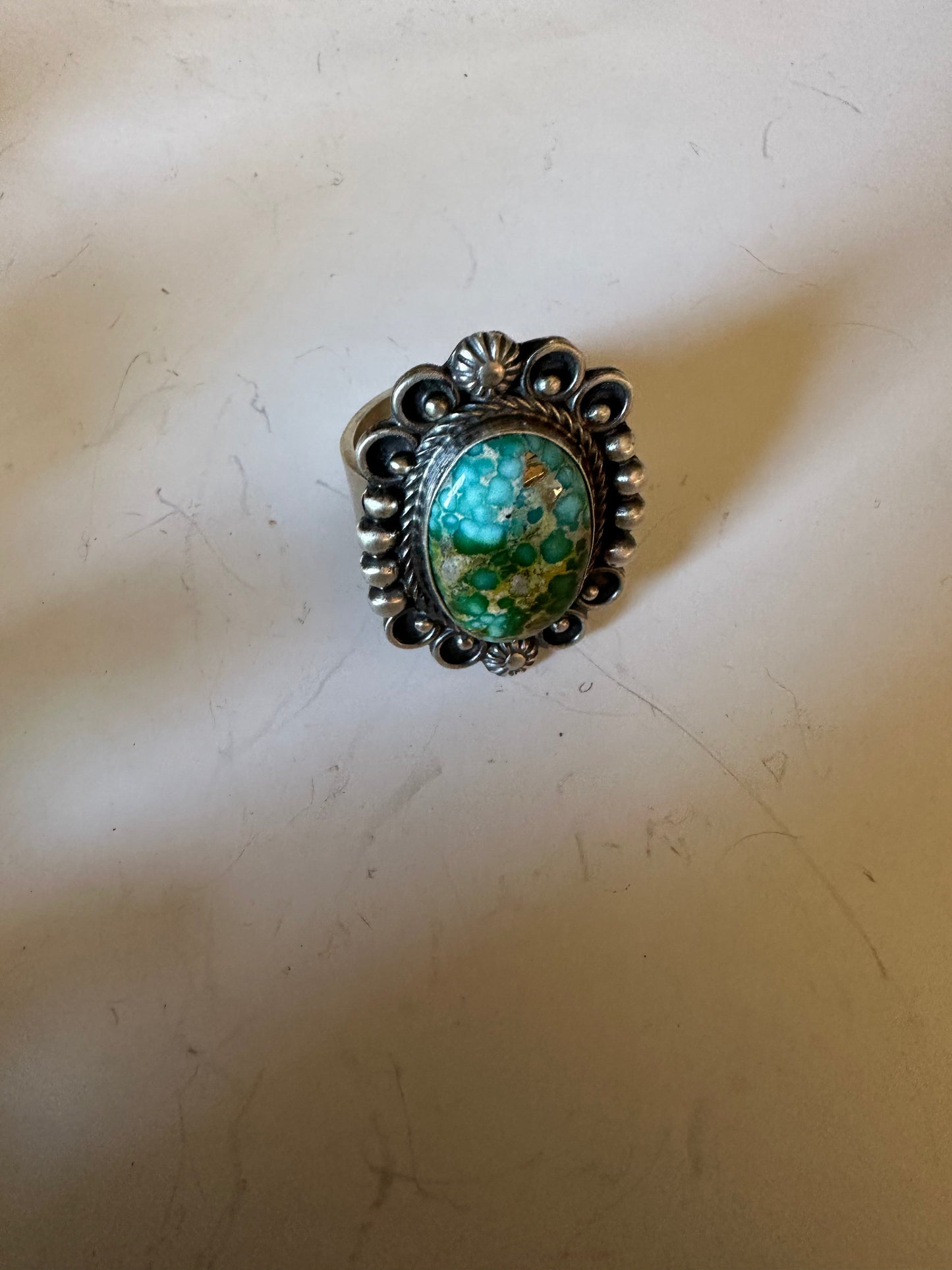 Handcrafted Sonoran Mountain Turquoise & Sterling Silver Single Stone Ring Size 8.5 Signed S.Tso
