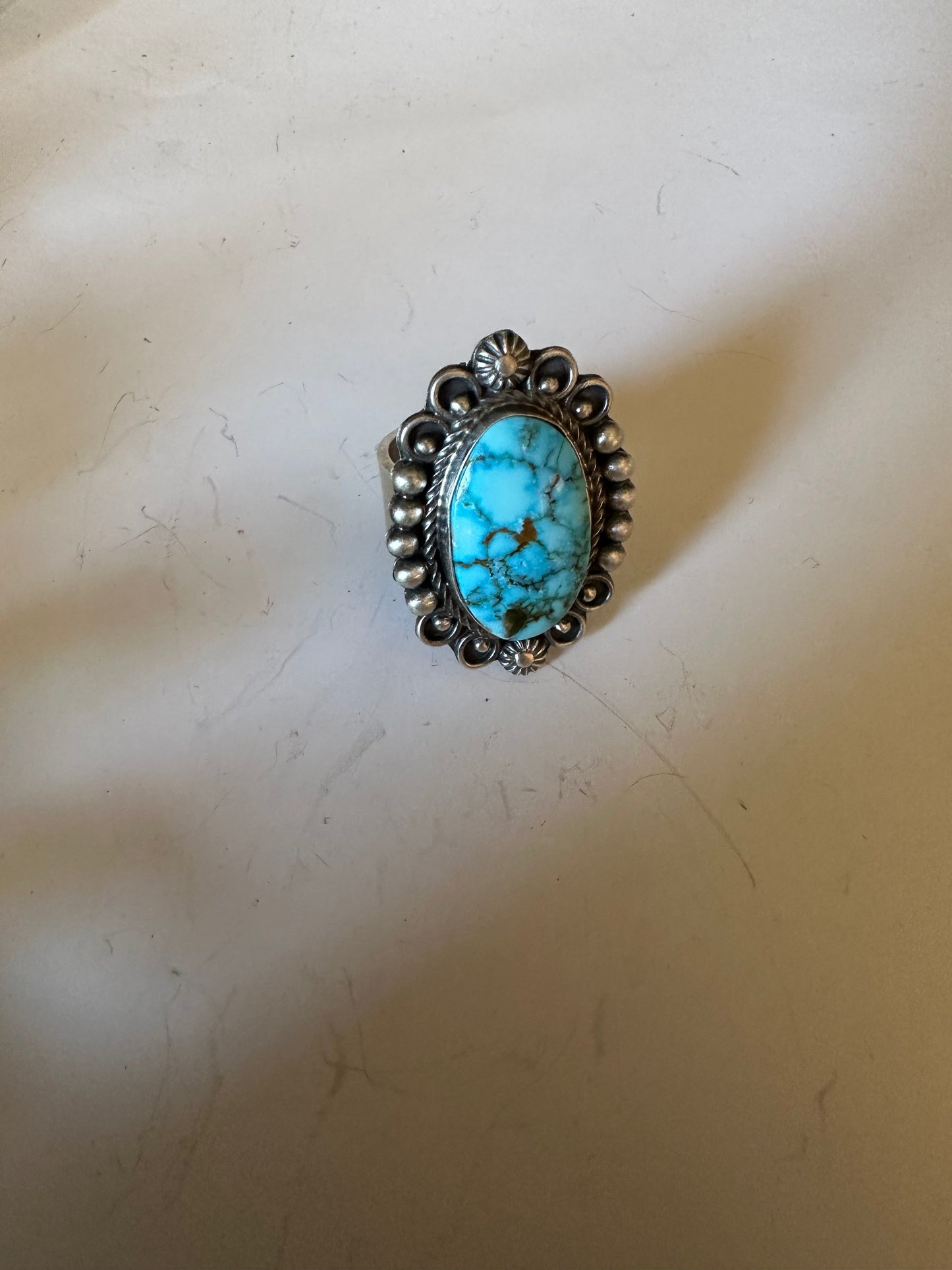 Handcrafted Sonoran Mountain Turquoise & Sterling Silver Single Stone Ring Size 8 Signed S.Tso