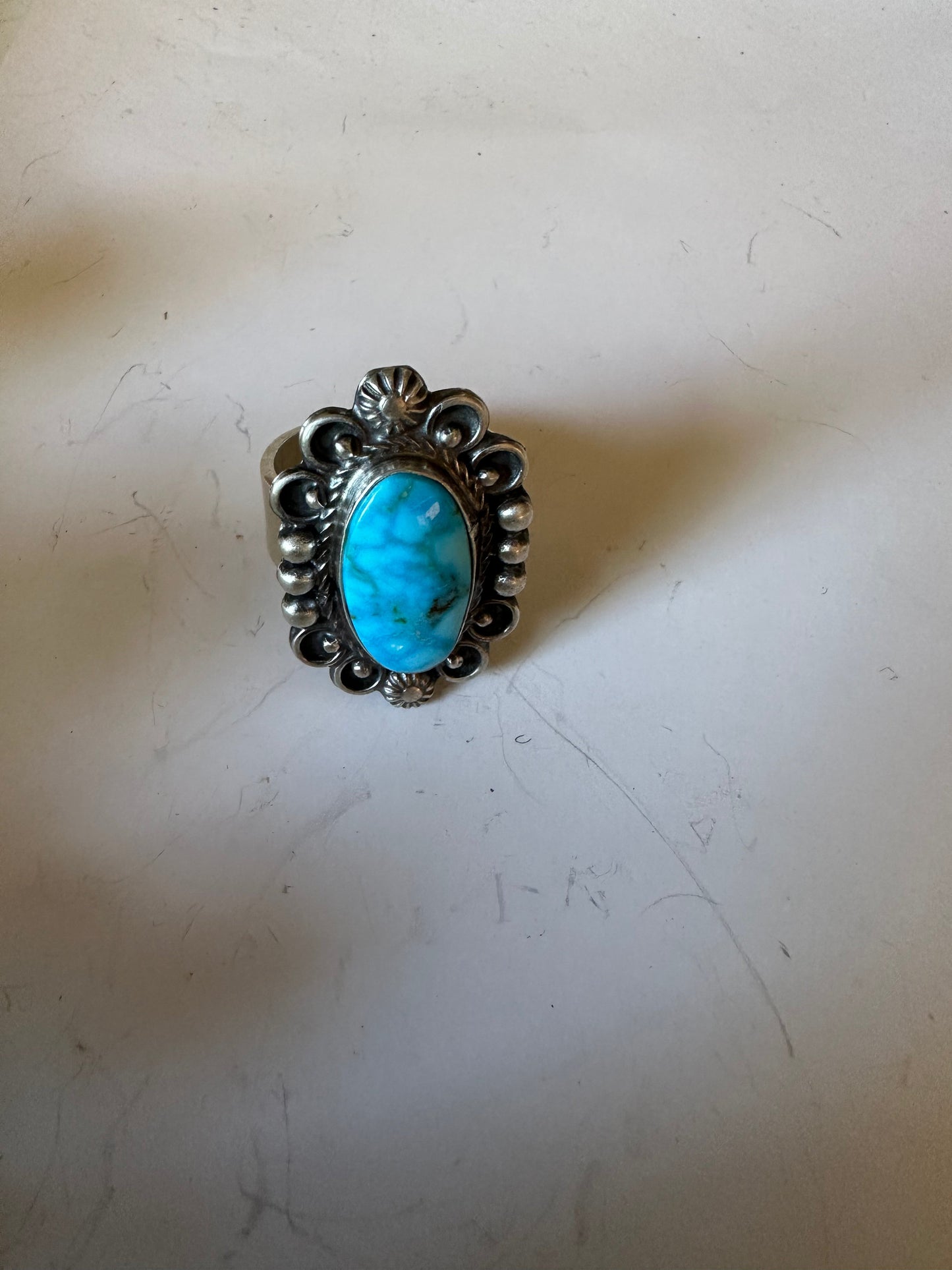 Handcrafted Sonoran Mountain Turquoise & Sterling Silver Single Stone Ring Size 8 Signed S.Tso