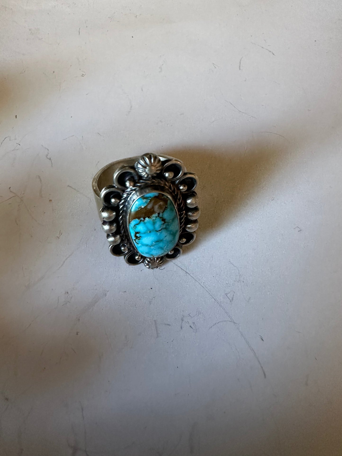 Handcrafted Sonoran Mountain Turquoise & Sterling Silver Single Stone Ring Size 8 Signed S.Tso