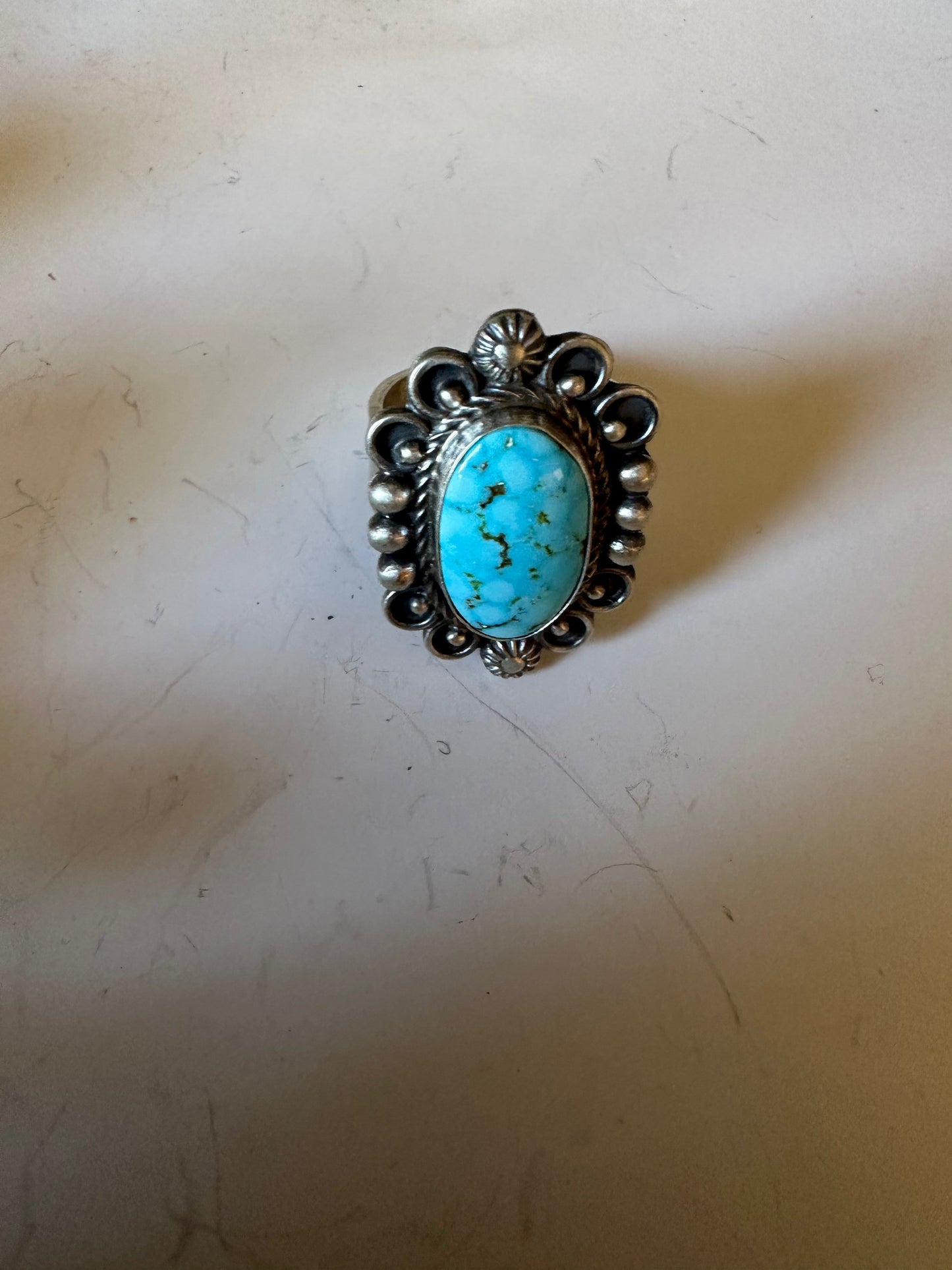 Handcrafted Sonoran Mountain Turquoise & Sterling Silver Single Stone Ring Size 8 Signed S.Tso