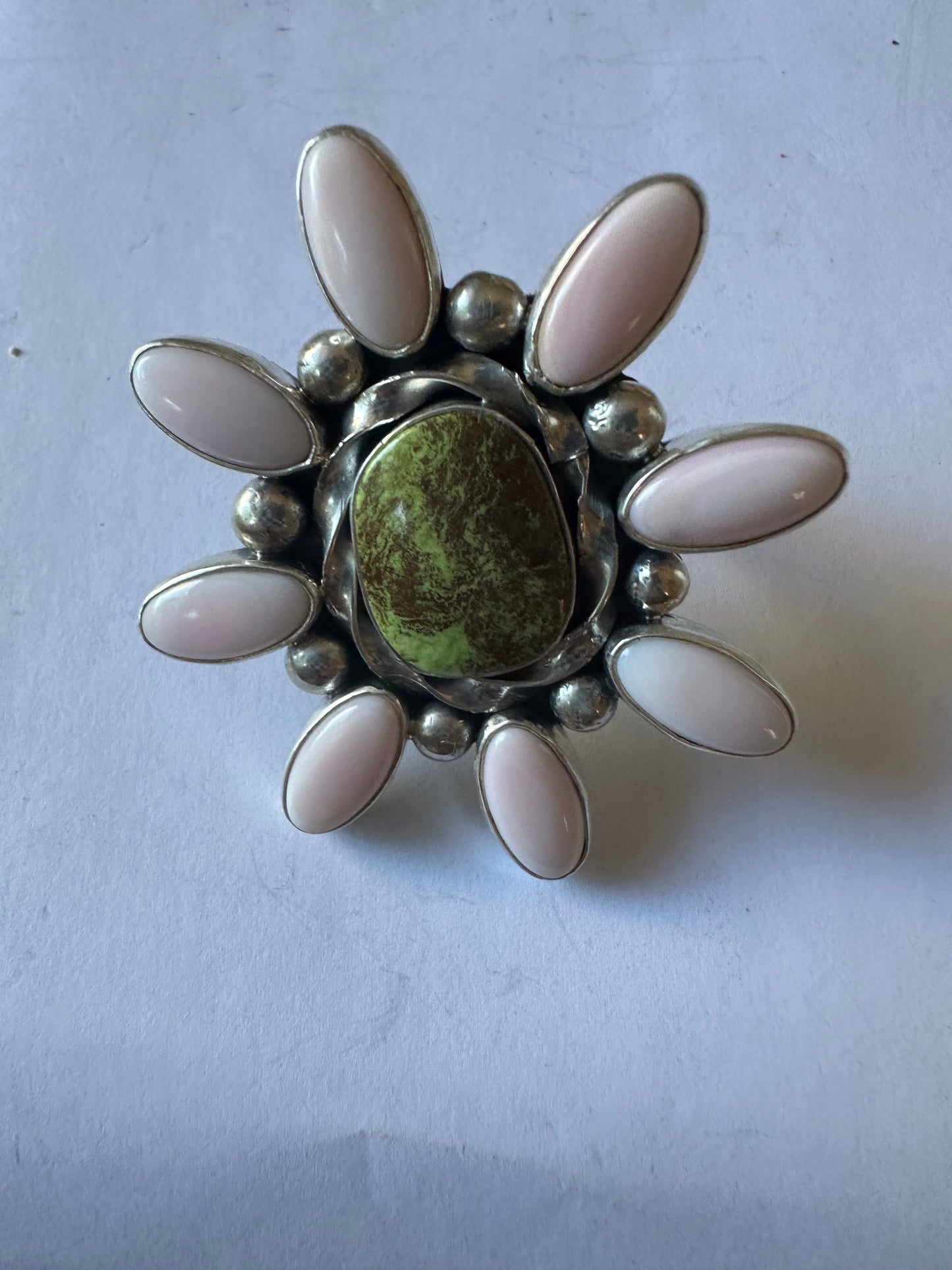 “Pink Blossom” Gorgeous Handcrafted Turquoise, Pink Conch And Sterling Silver Adjustable Flower Ring Signed
