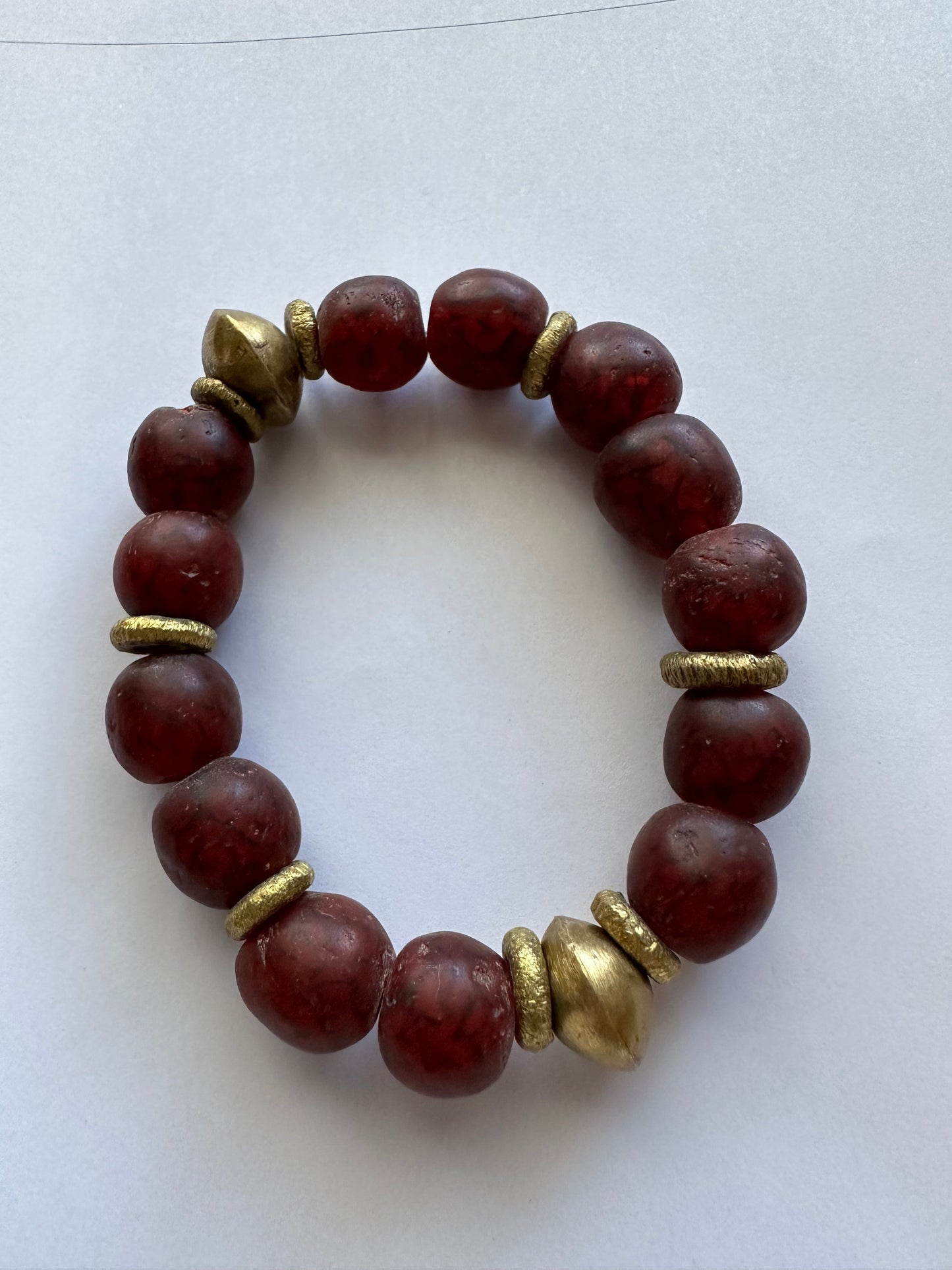 Handmade Recycled Glass Beaded Stretch Bracelet Burgundy