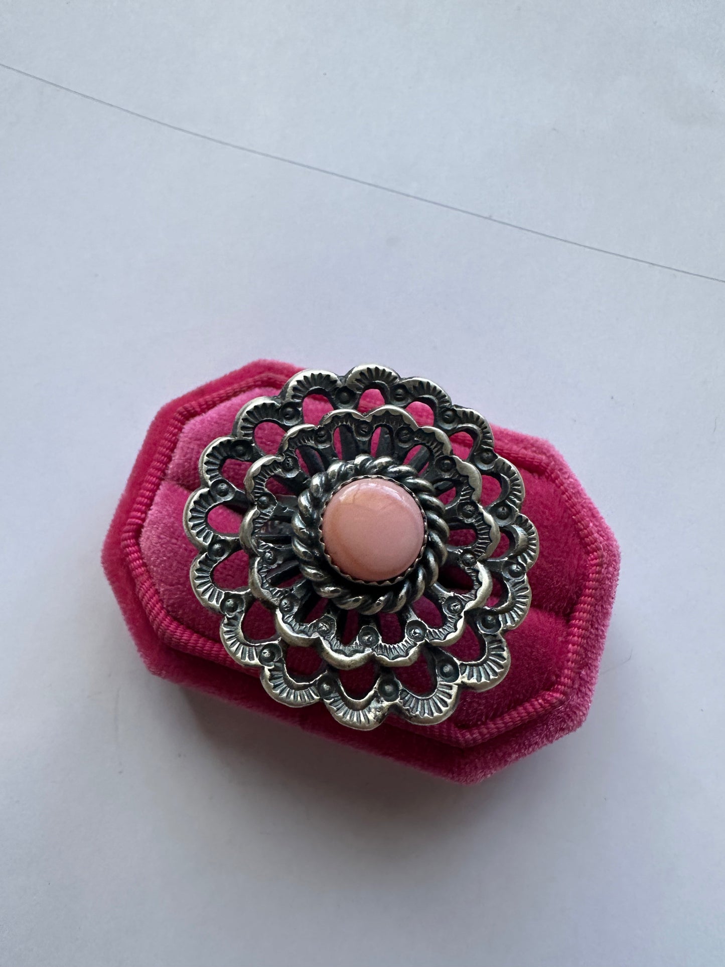 Handcrafted Pink Conch And Sterling Silver Adjustable Flower Ring Signed K Billah
