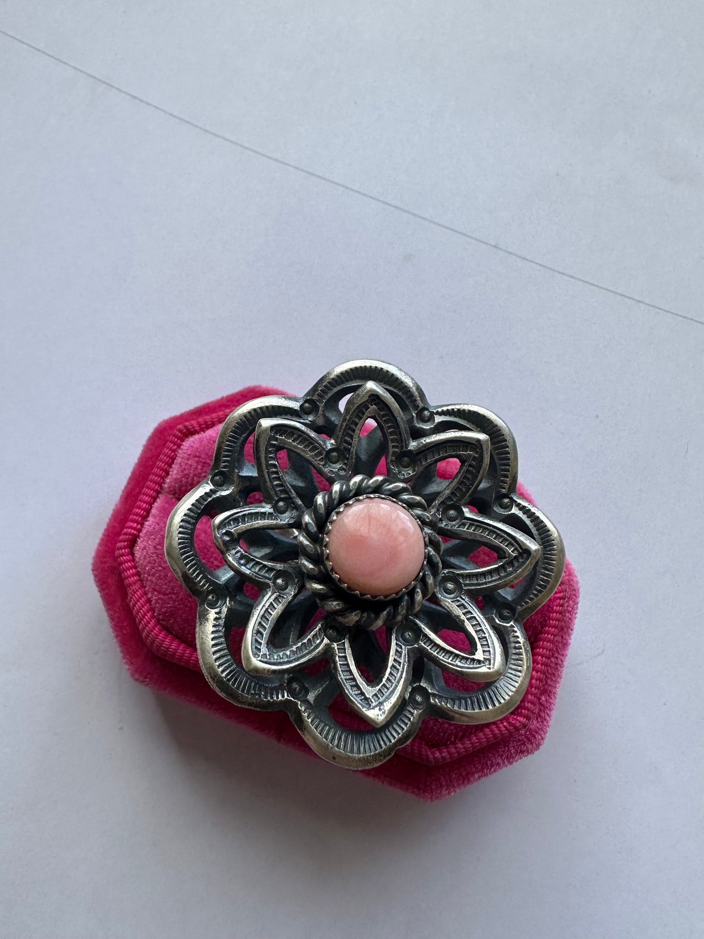 Handcrafted Pink Conch And Sterling Silver Adjustable Flower Ring Signed K Billah