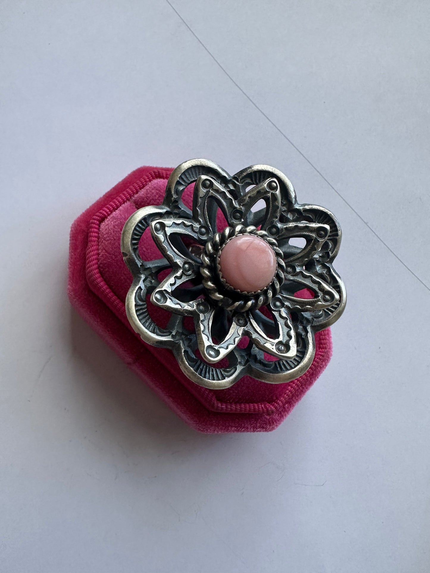 Handcrafted Pink Conch And Sterling Silver Adjustable Flower Ring Signed K Billah