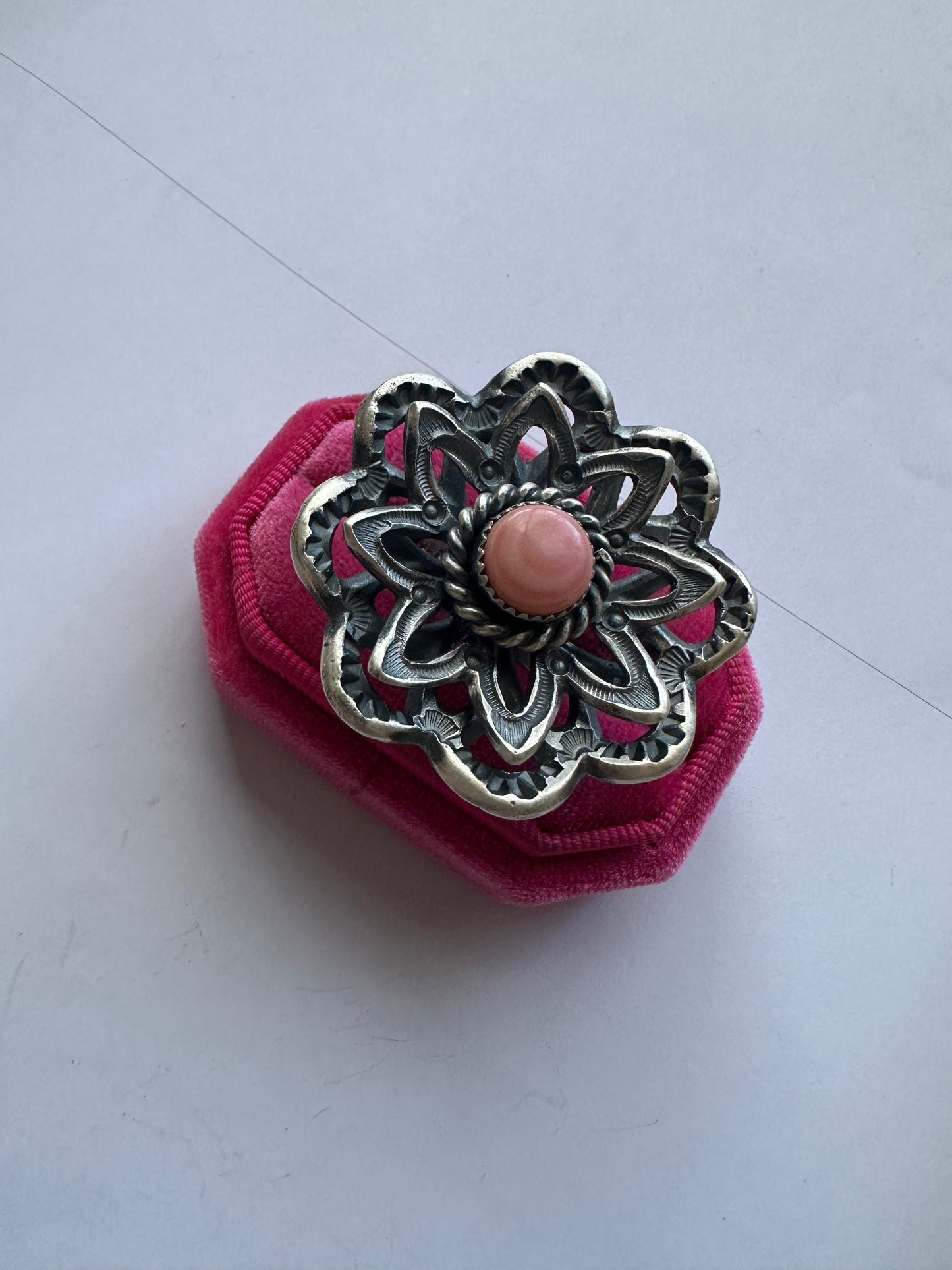 Handcrafted Pink Conch And Sterling Silver Adjustable Flower Ring Signed K Billah