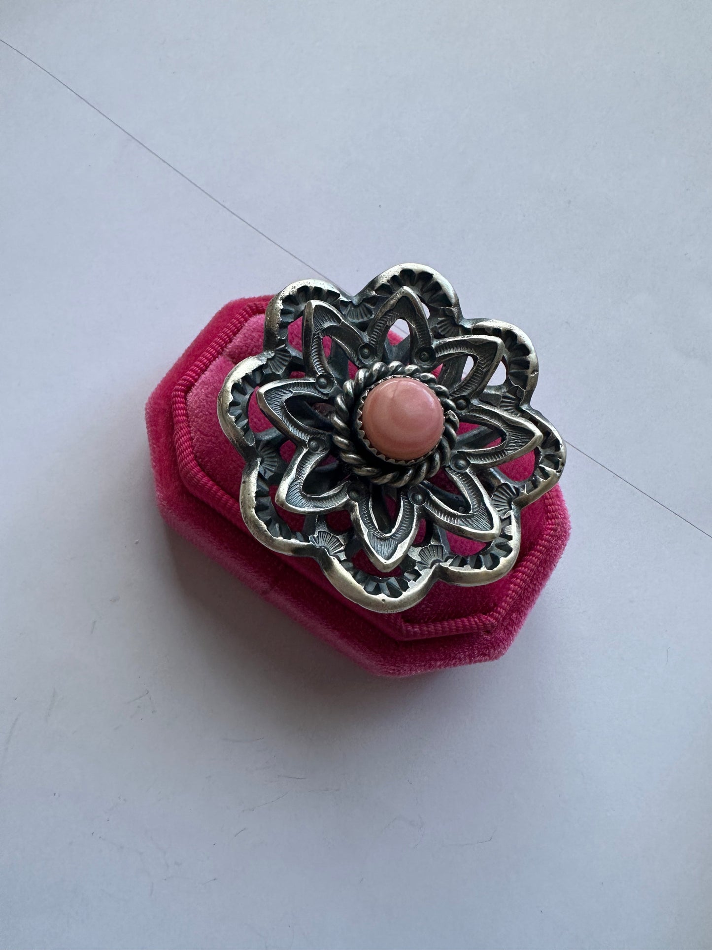 Navajo Pink Conch And Sterling Silver Adjustable Flower Ring Signed K Billah