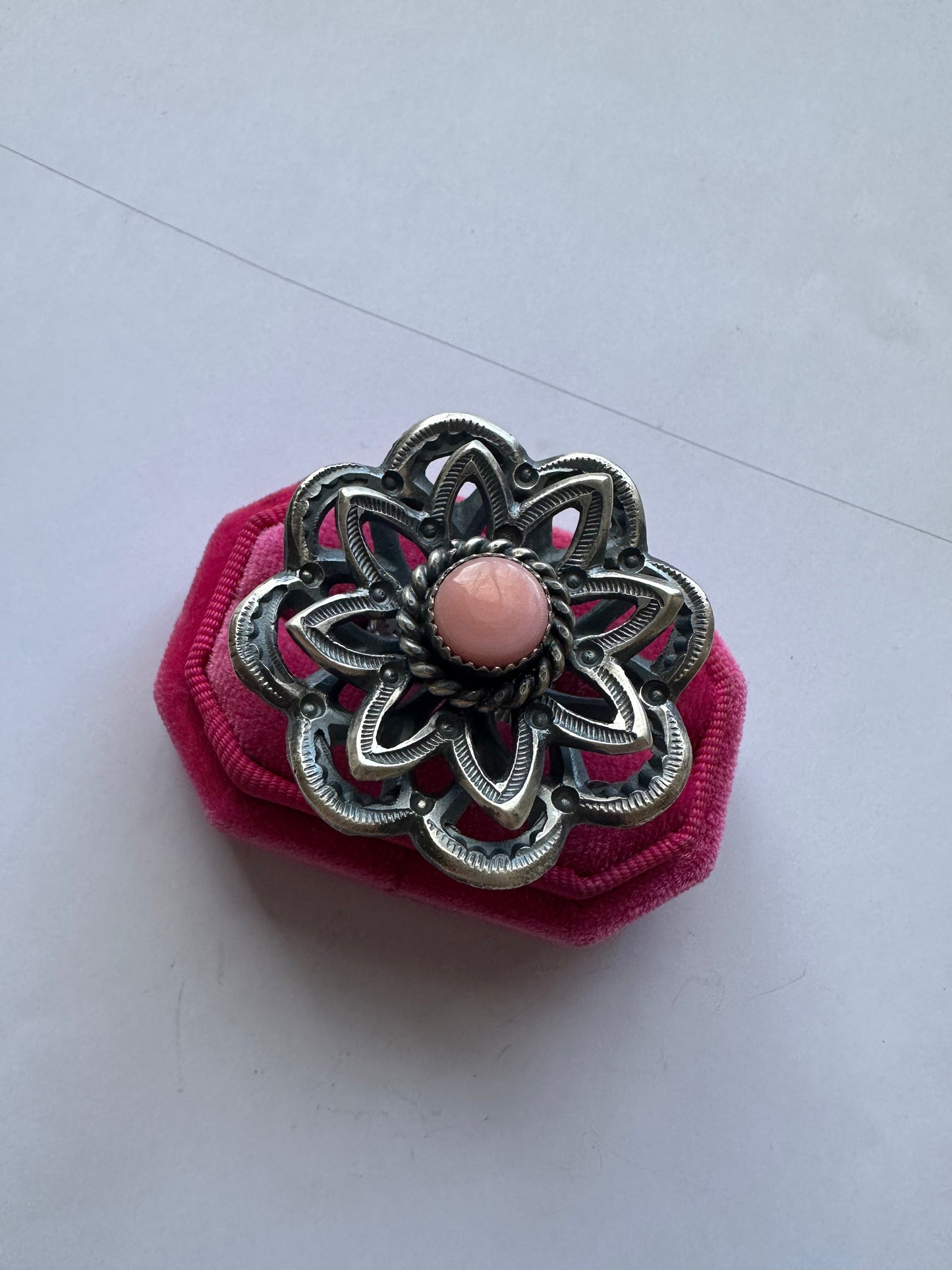 Handcrafted Pink Conch And Sterling Silver Adjustable Flower Ring Signed K Billah