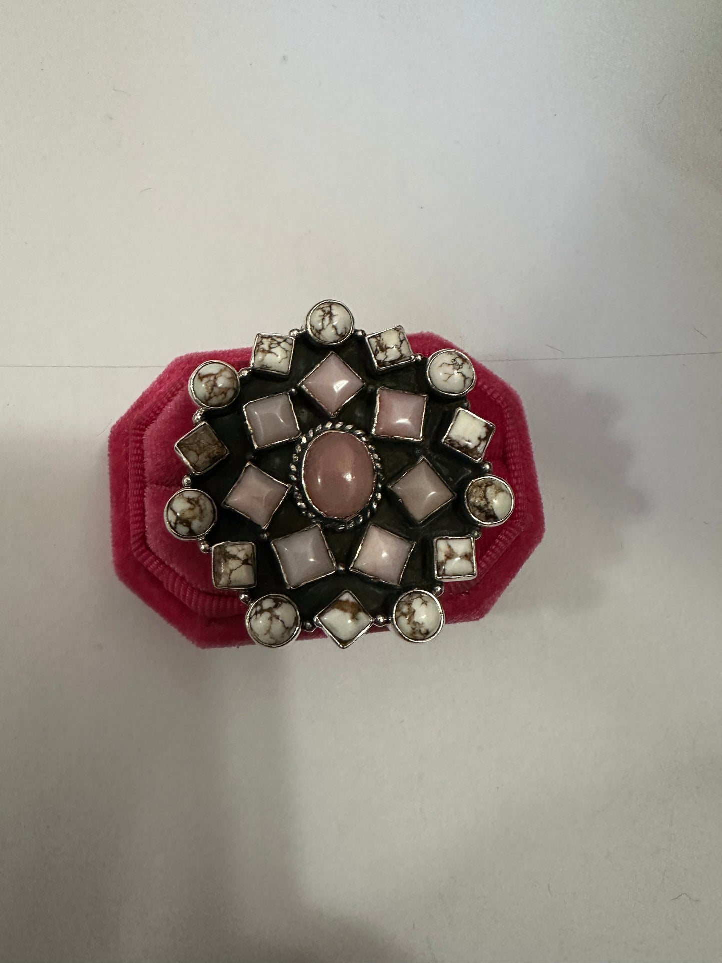 Handmade Wild Horse, Pink Conch & Sterling Silver Adjustable Ring Signed Nizhoni