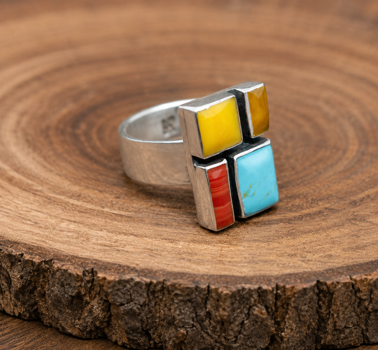 Multi Stone Mosaic Sterling Silver Ring