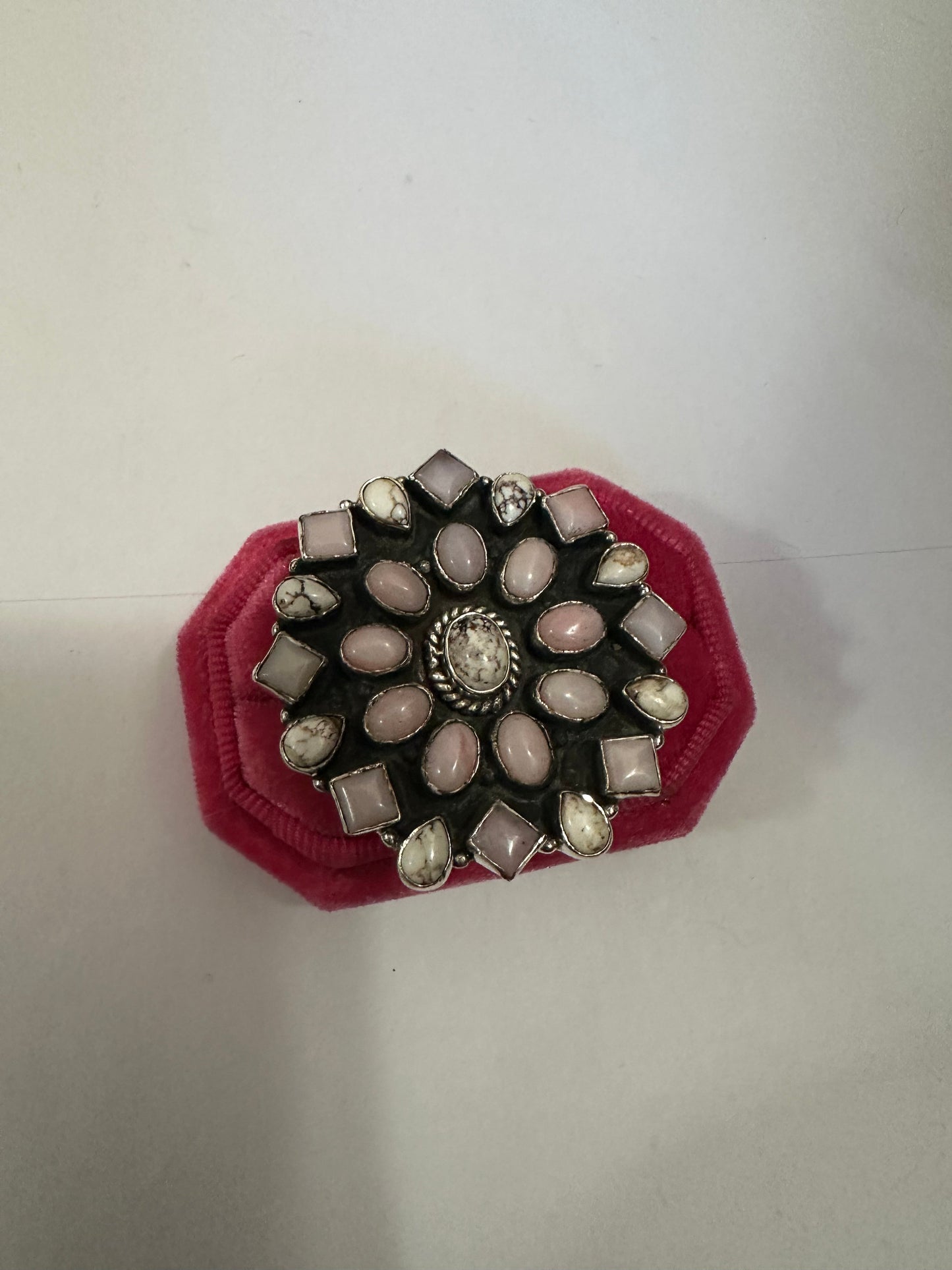 Handmade Wild Horse, Pink Conch & Sterling Silver Adjustable Ring Signed Nizhoni