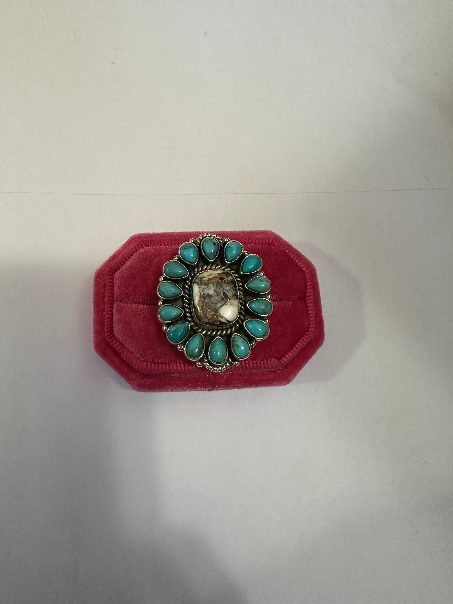 Handmade White Buffalo Mojave, Turquoise & Sterling Silver Adjustable Rectangle Ring Signed Nizhoni