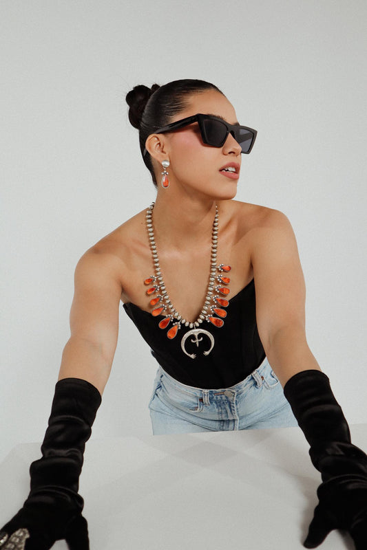 Handcrafted Orange Spiny And Sterling Silver Squash Blossom Necklace Earrings Set By Selena Warner