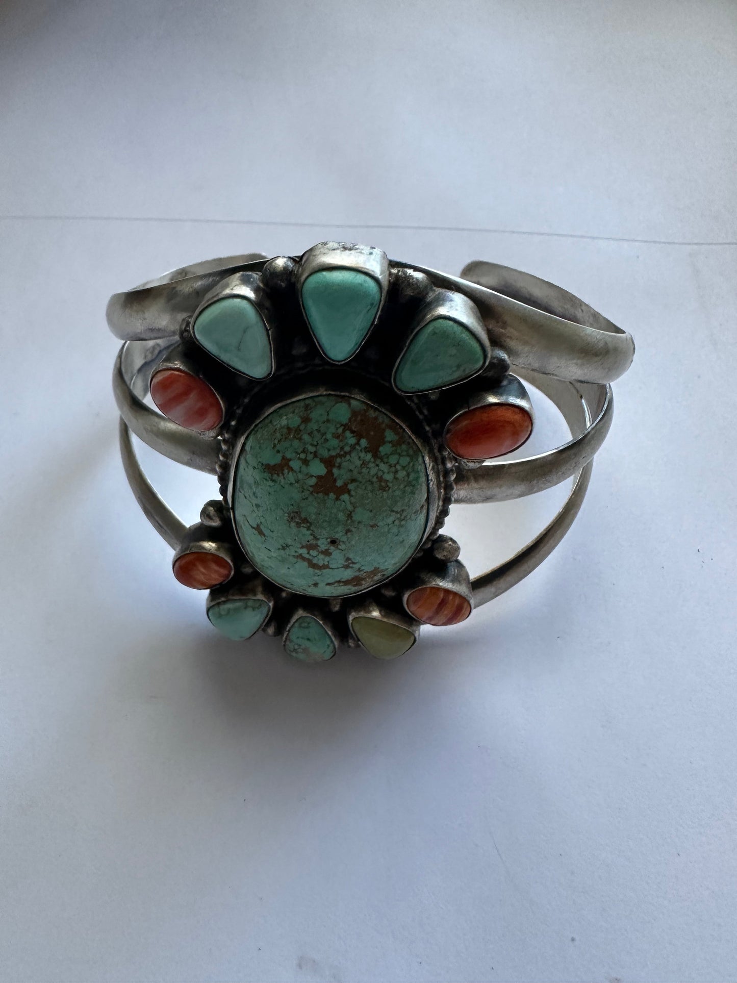 Handcrafted Turquoise & Spiny Sterling Silver Bracelet Cuff Signed Sheila /