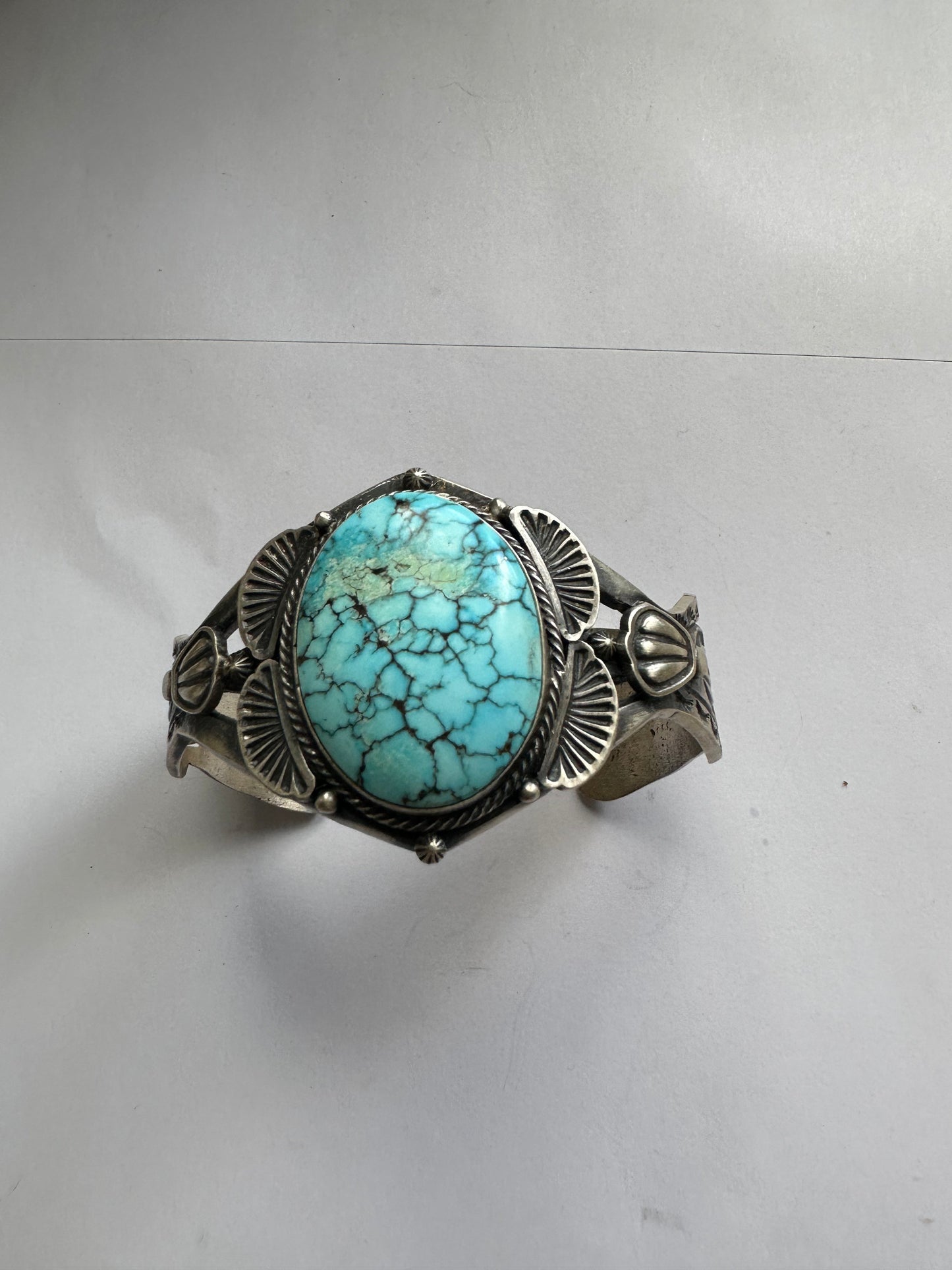 Handcrafted Kingman Web Turquoise And Sterling Silver Single Stone Cuff Bracelet Signed S.Tso